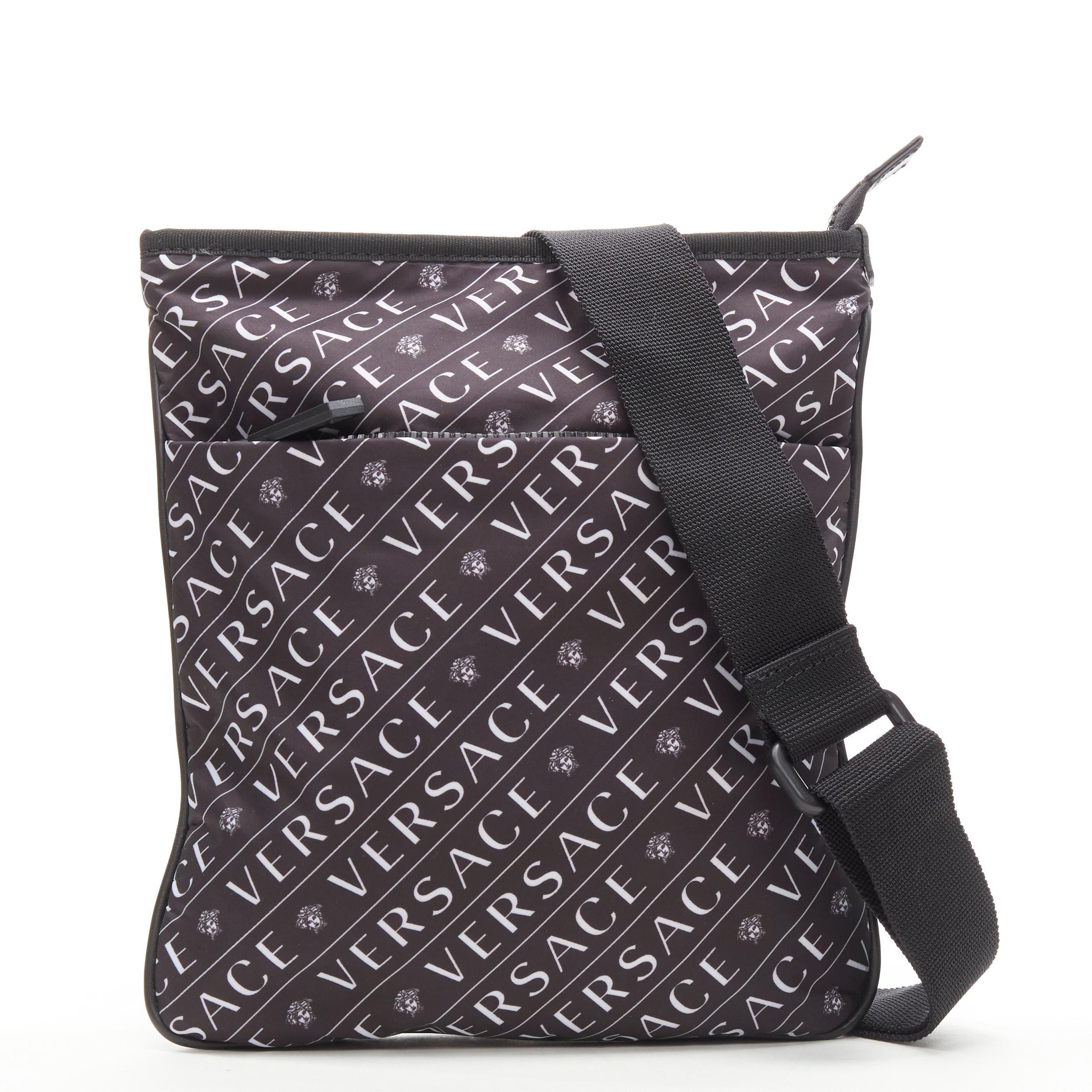 new VERSACE black white logo Medusa print nylon crossbody messenger bag
