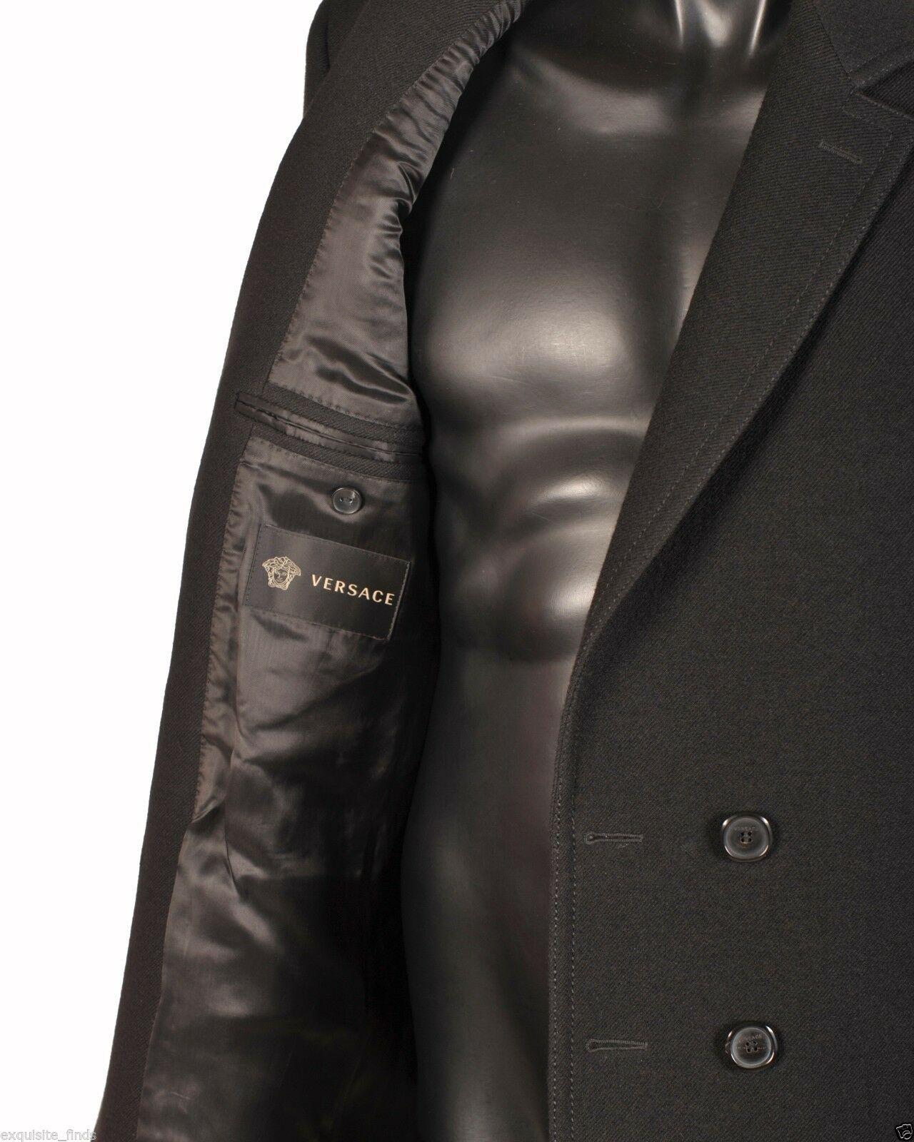 Black NEW VERSACE BLACK WOOL COAT with LEATHER TRIM for MEN For Sale
