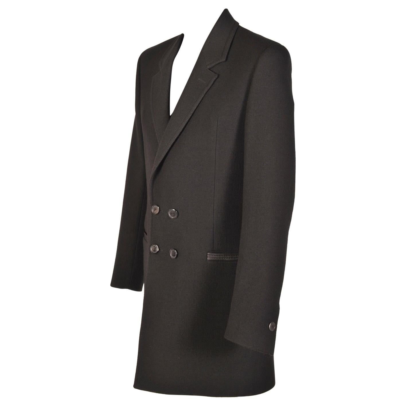 NEW VERSACE BLACK WOOL COAT with LEATHER TRIM for MEN For Sale