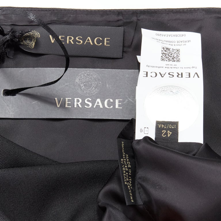new VERSACE black wool gold Medusa safety pin high slit mini skirt IT42 ...
