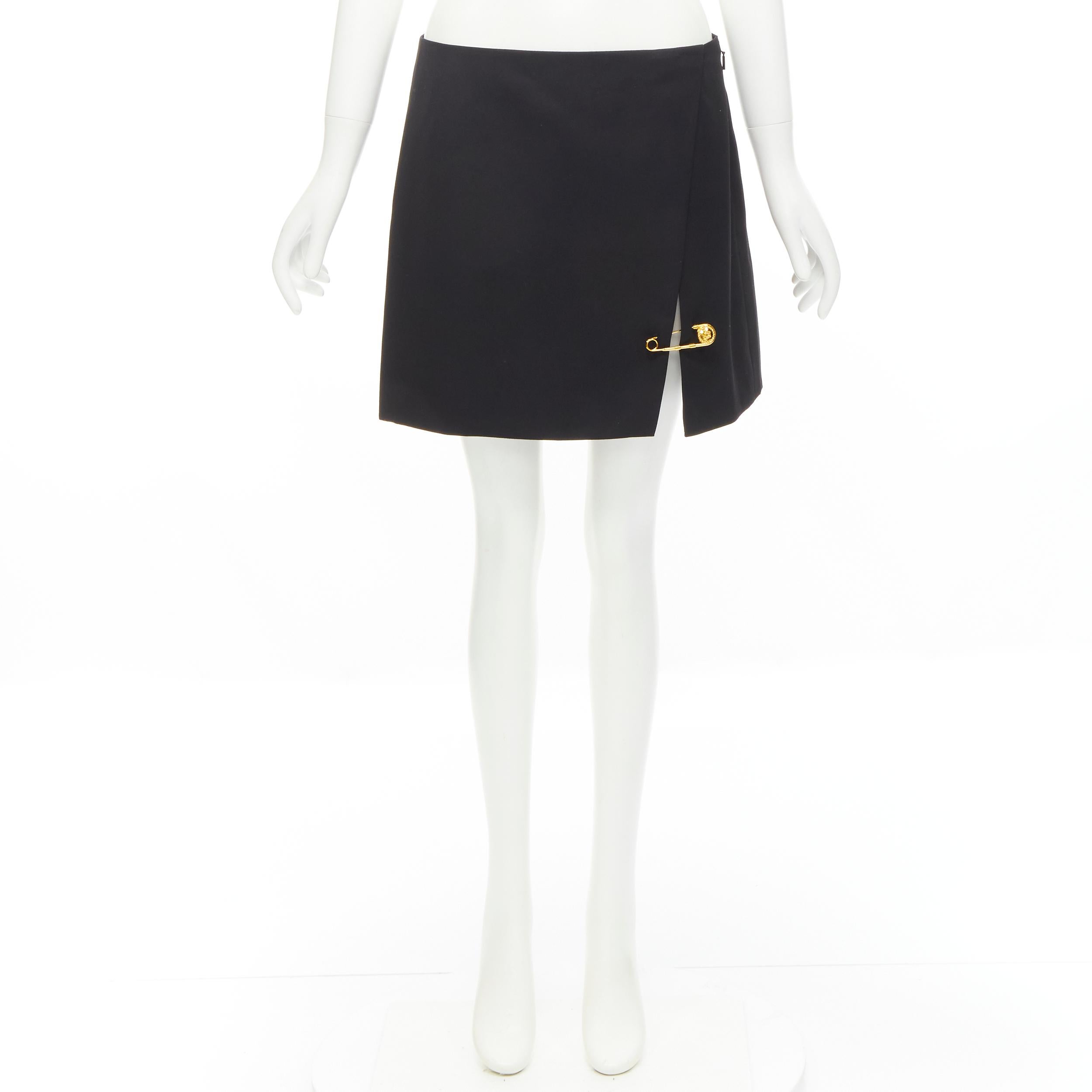 new VERSACE black wool gold Medusa safety pin high slit mini skirt IT42 M 2