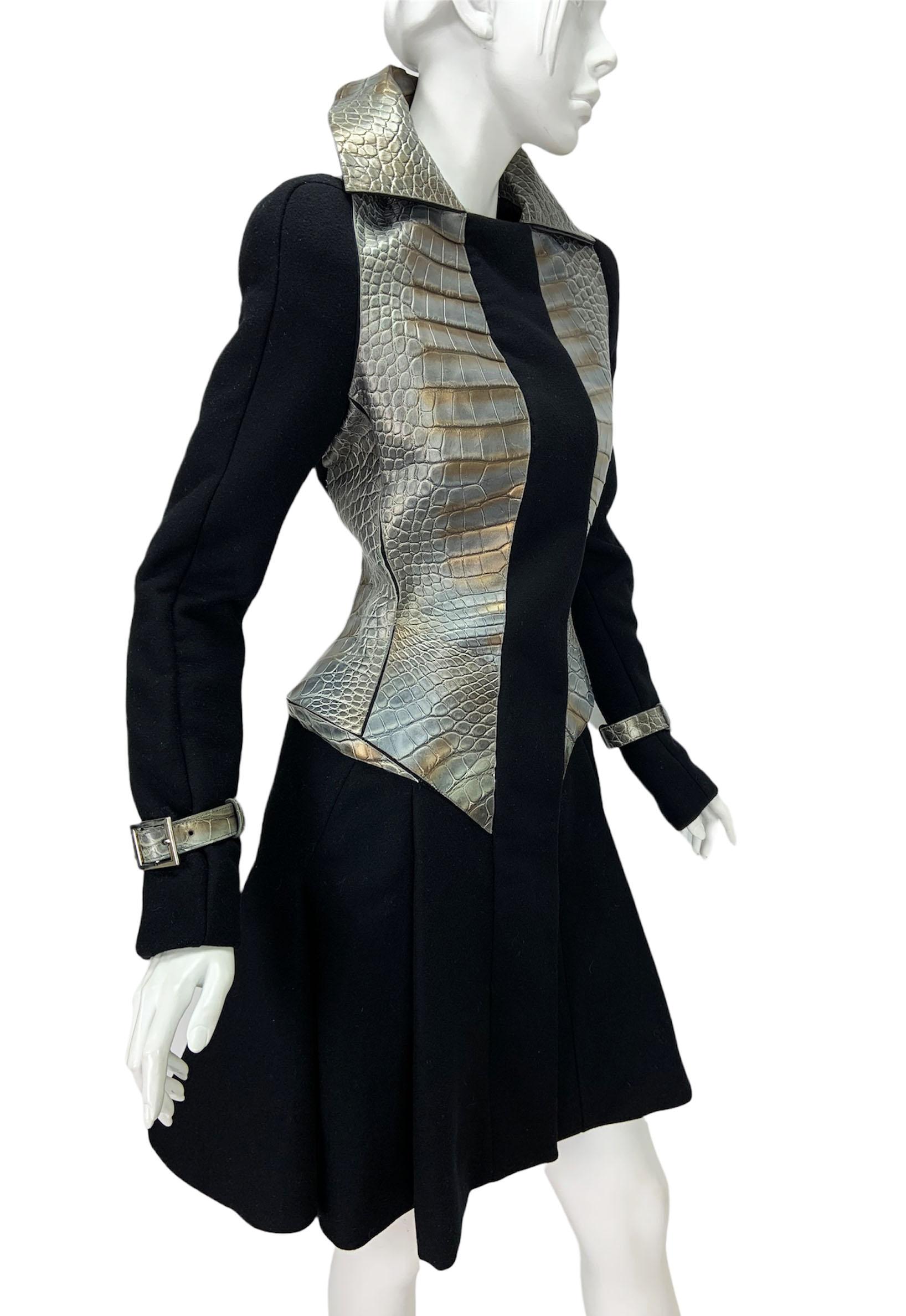 New Versace Wool Leather Fitted Coat
F/W 2012 Collection
Designer size 38 - US 2/4 ( please check measurements).
Black Wool, Crocodile Pattern Leather, Flared Skirt, Adjustable Straps on Sleeves, Padded Shoulders.
Silver Tone Hardware, Fully Lined,