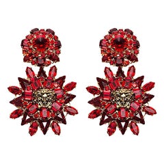 New Versace Blooming Medusa Swarovski Crystal Drop Earrings in Red
