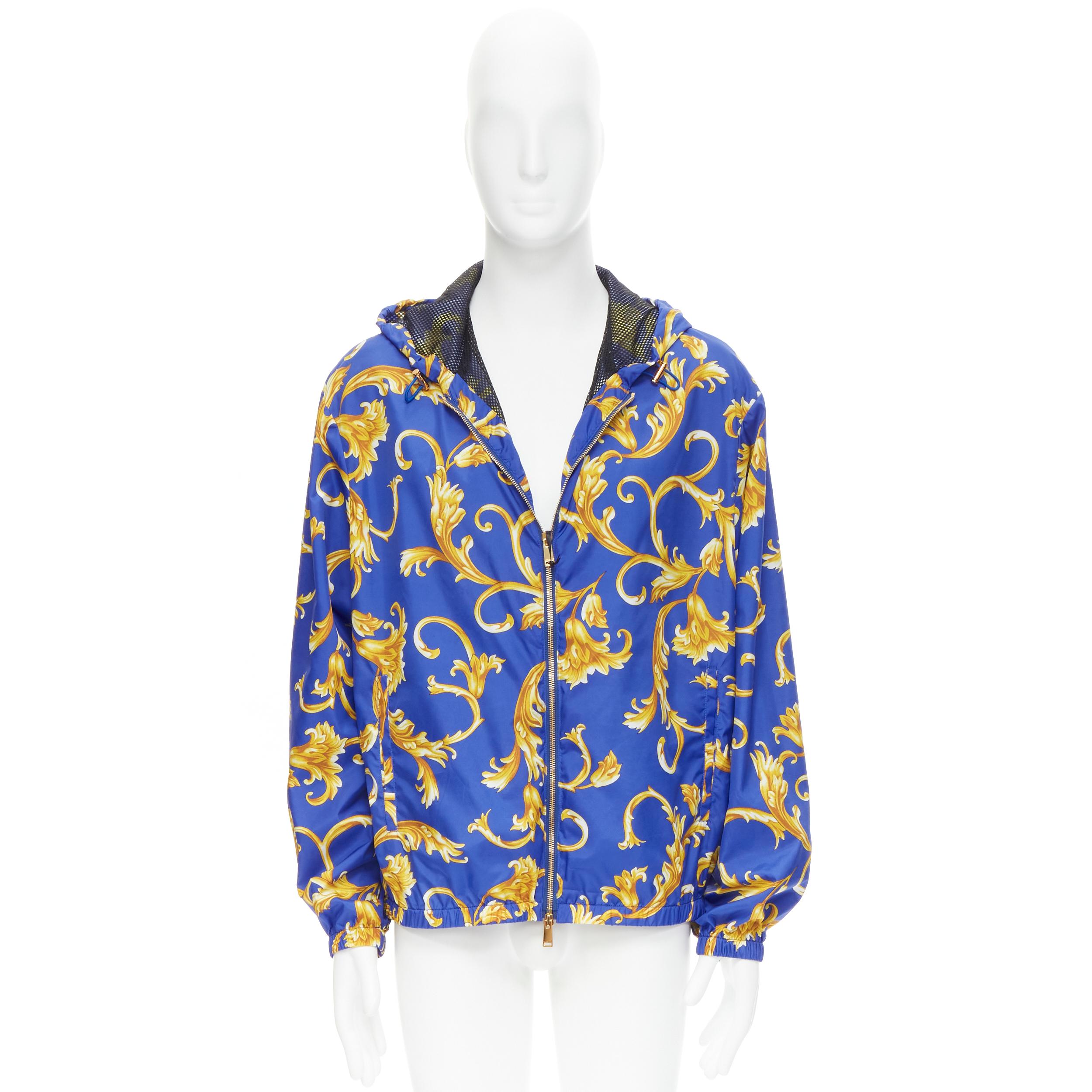 new VERSACE blue gold Barocco Istante print nylon windbreaker jacket IT52 XL For Sale 2