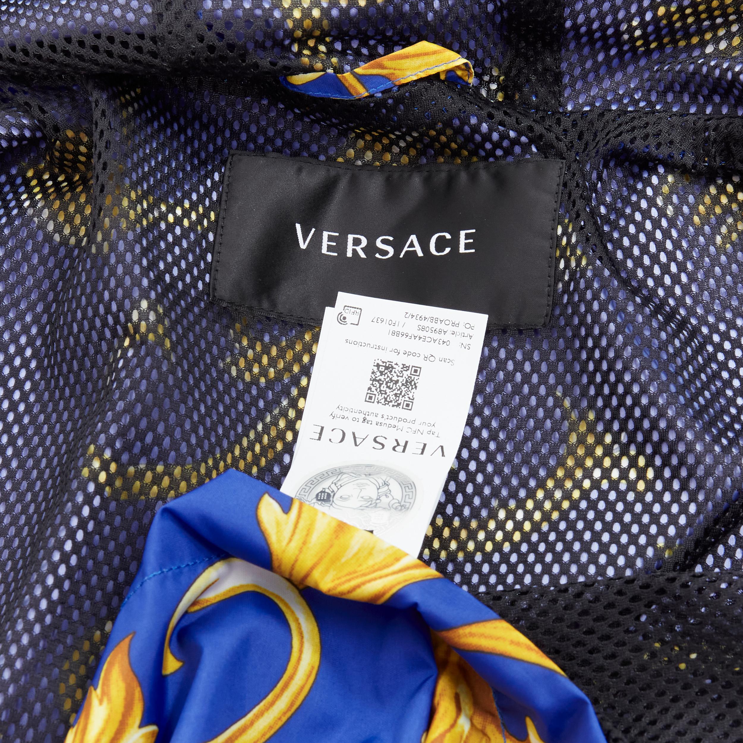 new VERSACE blue gold Barocco Istante print nylon windbreaker jacket IT52 XL For Sale 1