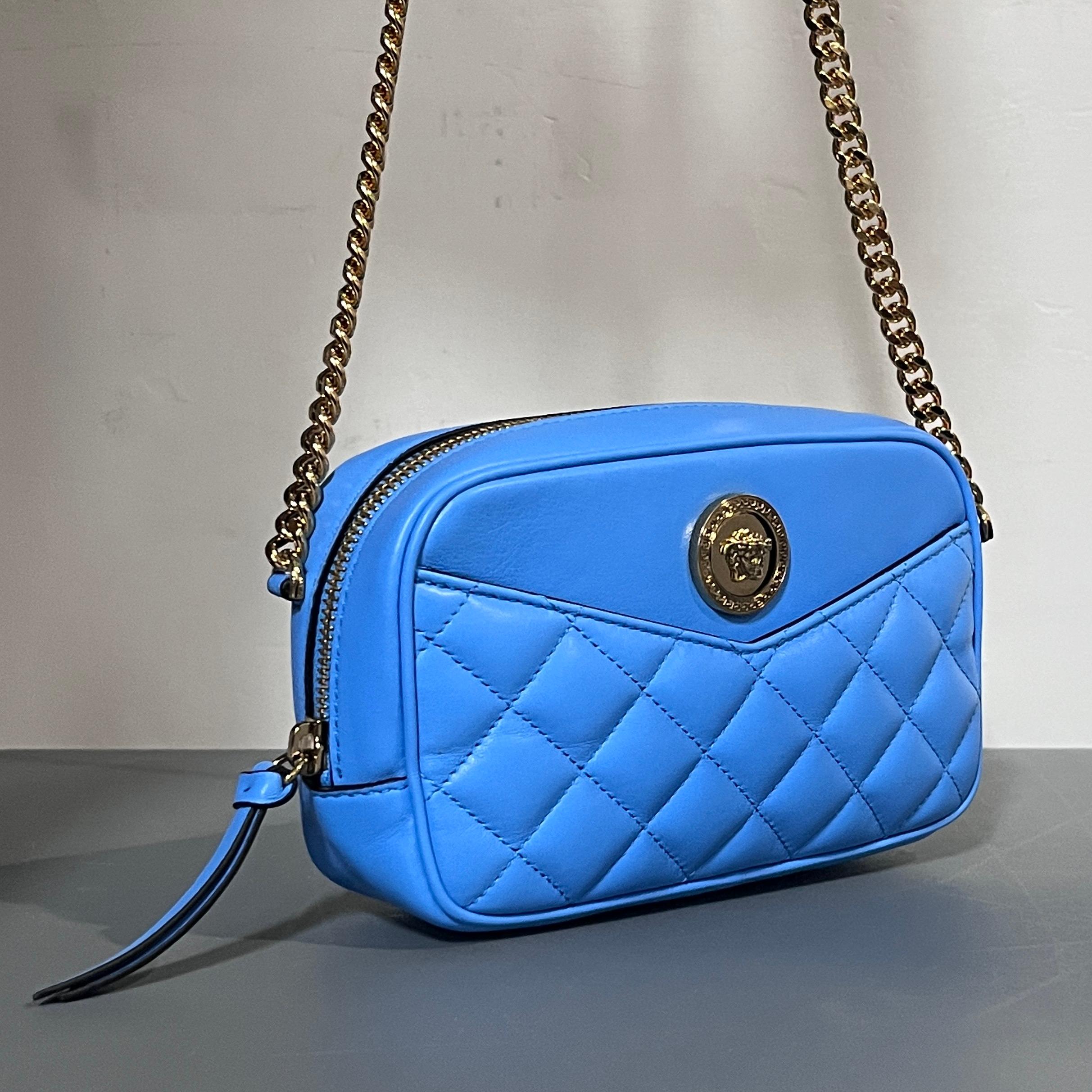 Blue new VERSACE blue lambskin leather quilted gold Medusa chain crossbody bag Small