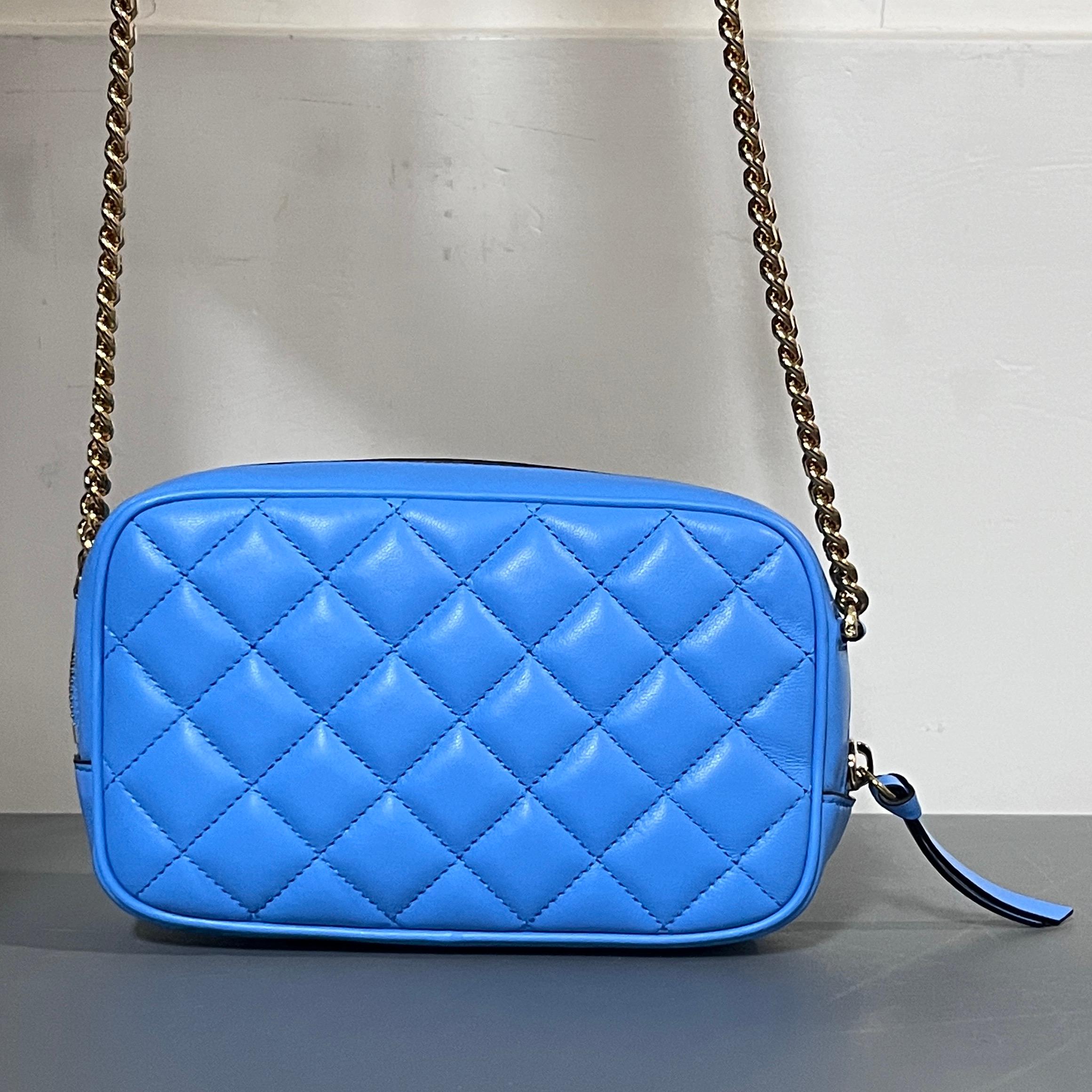 Women's new VERSACE blue lambskin leather quilted gold Medusa chain crossbody bag Small