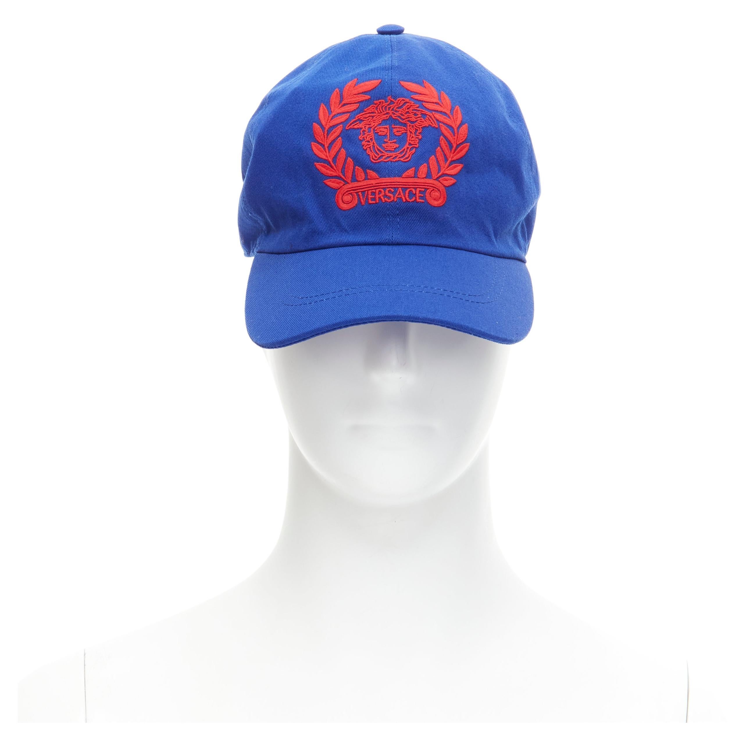 new VERSACE blue red vintage Medusa logo embroidery dad cap hat 60cm L 7 3/8 For Sale