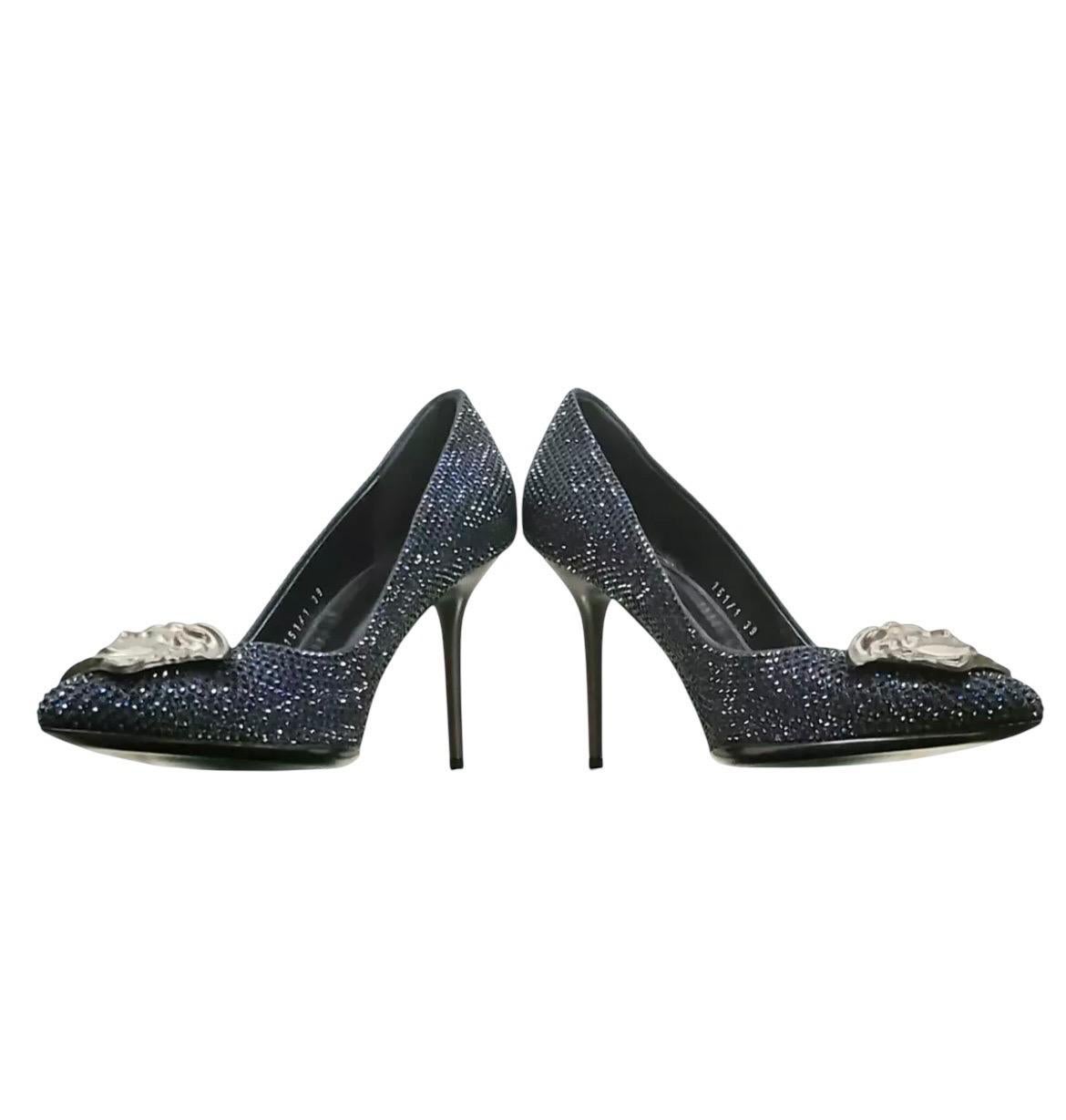 New Versace Blue Sapphire Crystal Palazzo Pump Shoes 39 - 9 For Sale 2