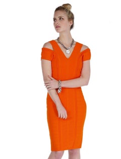 NEW VERSACE BODYCON STRETCH KNIT DRESS in ORANGE with CUT-OUT SHOULDERS 42 - 6