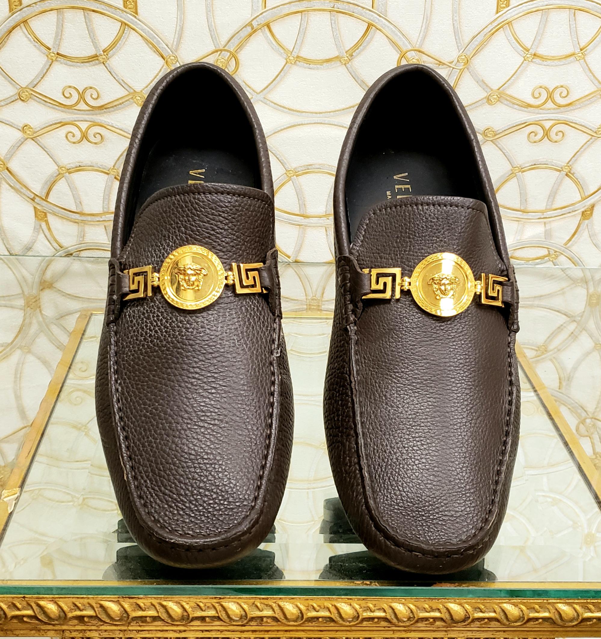 Black VERSACE BROWN LEATHER LOAFER SHOES w/MEDUSA MEDALLION as seen in movie Sz 9.5 For Sale
