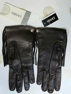 NEW VERSACE BROWN LEATHER GLOVES w/ FRINGE size S, M