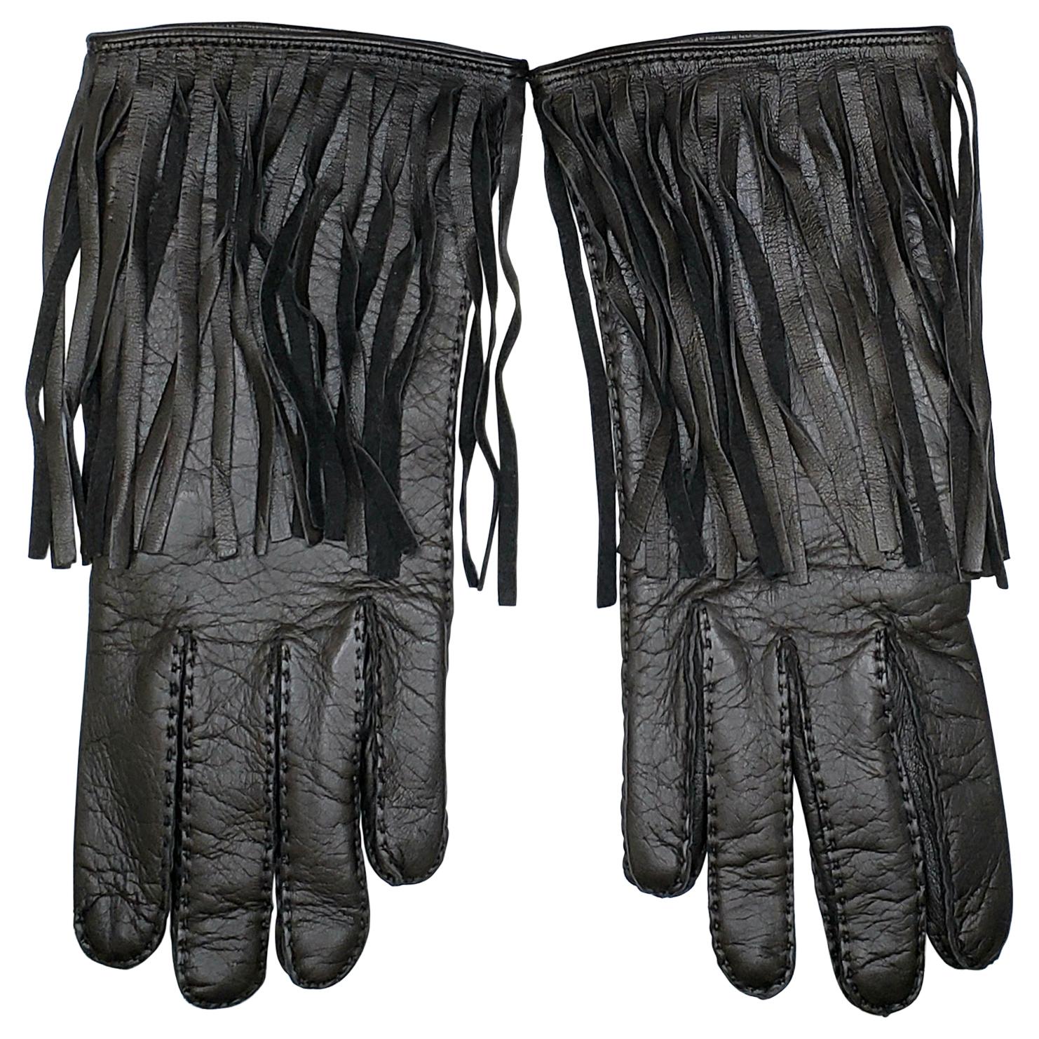 NEW VERSACE BROWN LEATHER GLOVES w/ FRINGE size S, M
