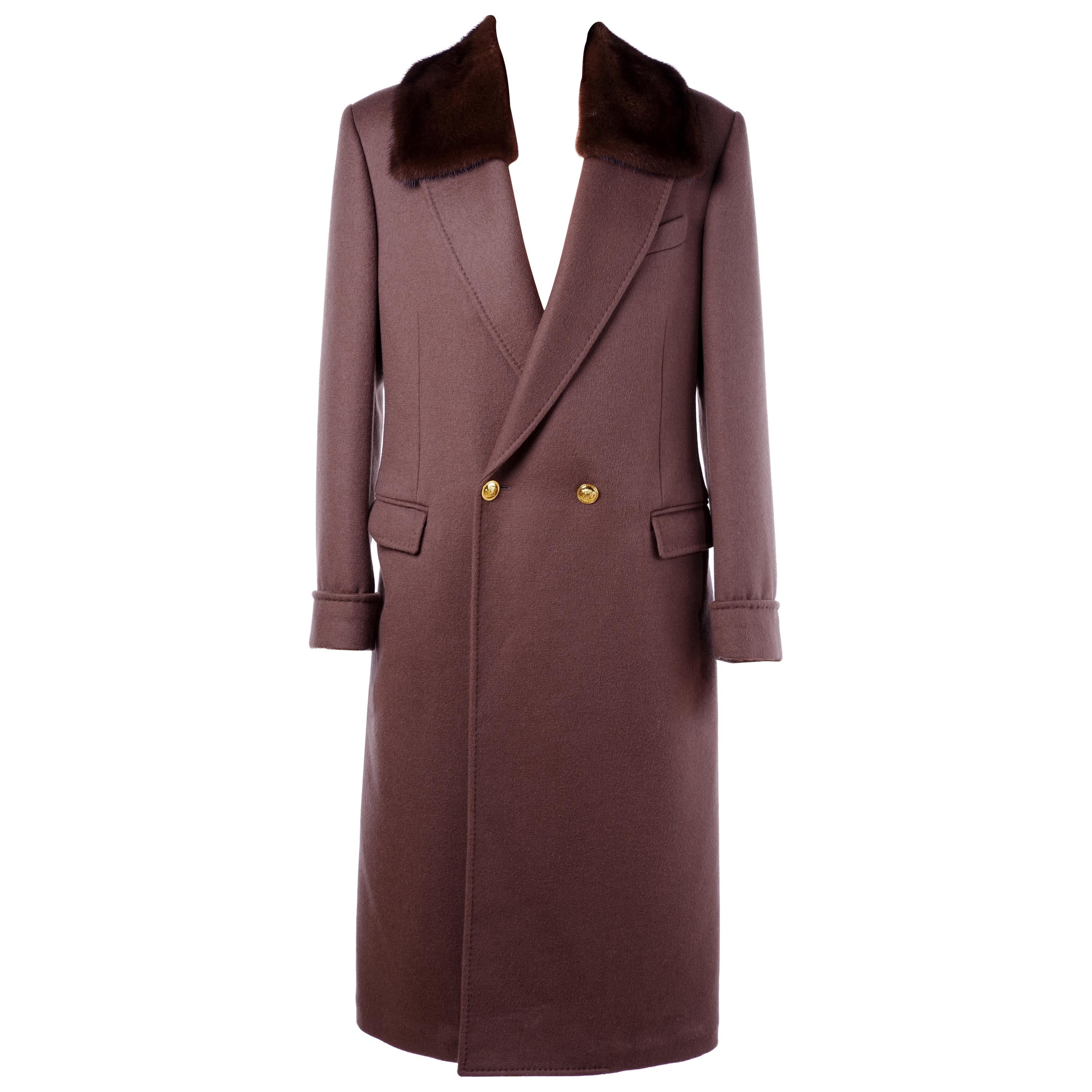 New Versace Brown Wool Coat with Mink Fur for Men