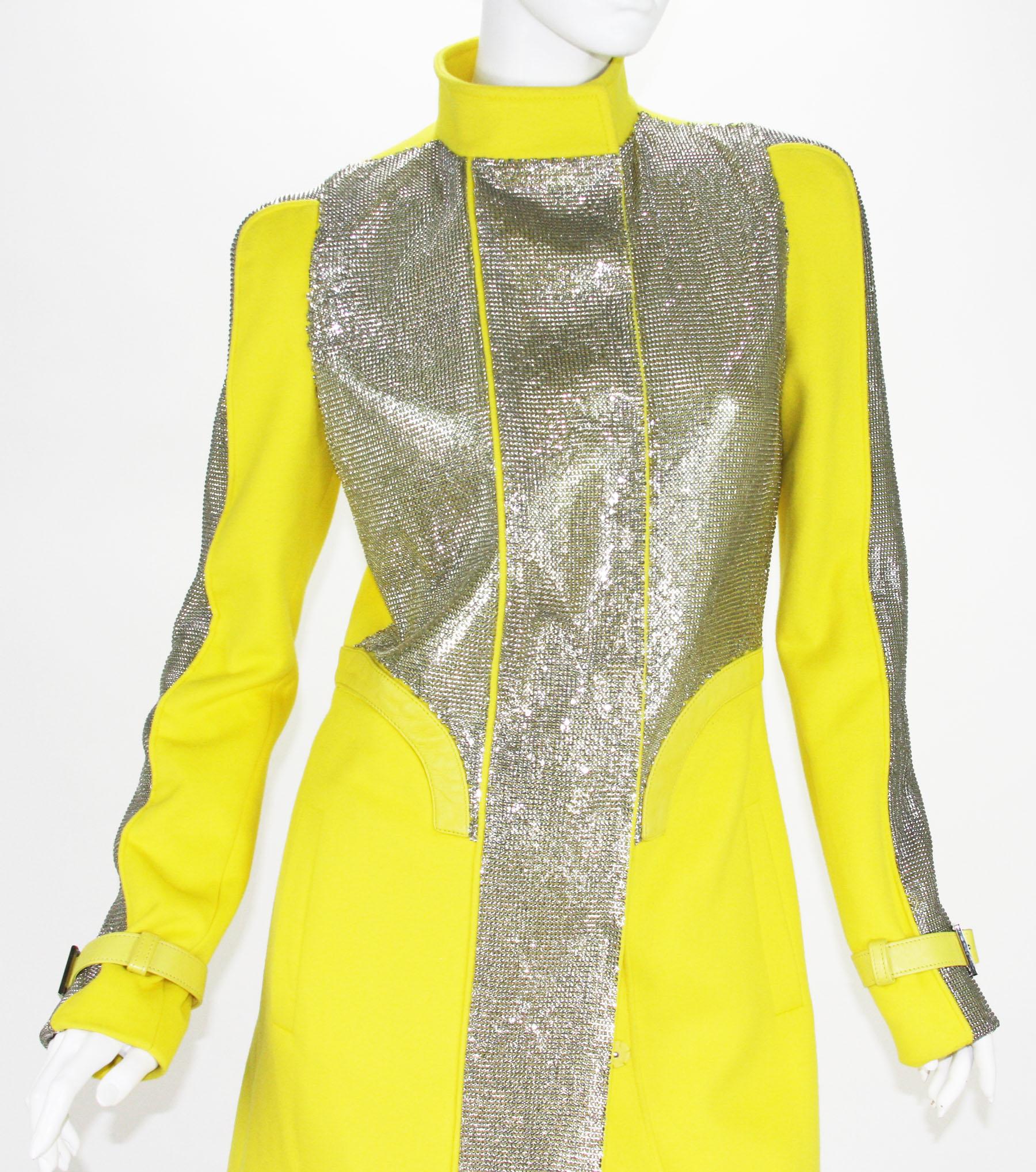 New Versace Chain Mesh Panel Yellow Wool Coat It. 38 - US 4 For Sale 1