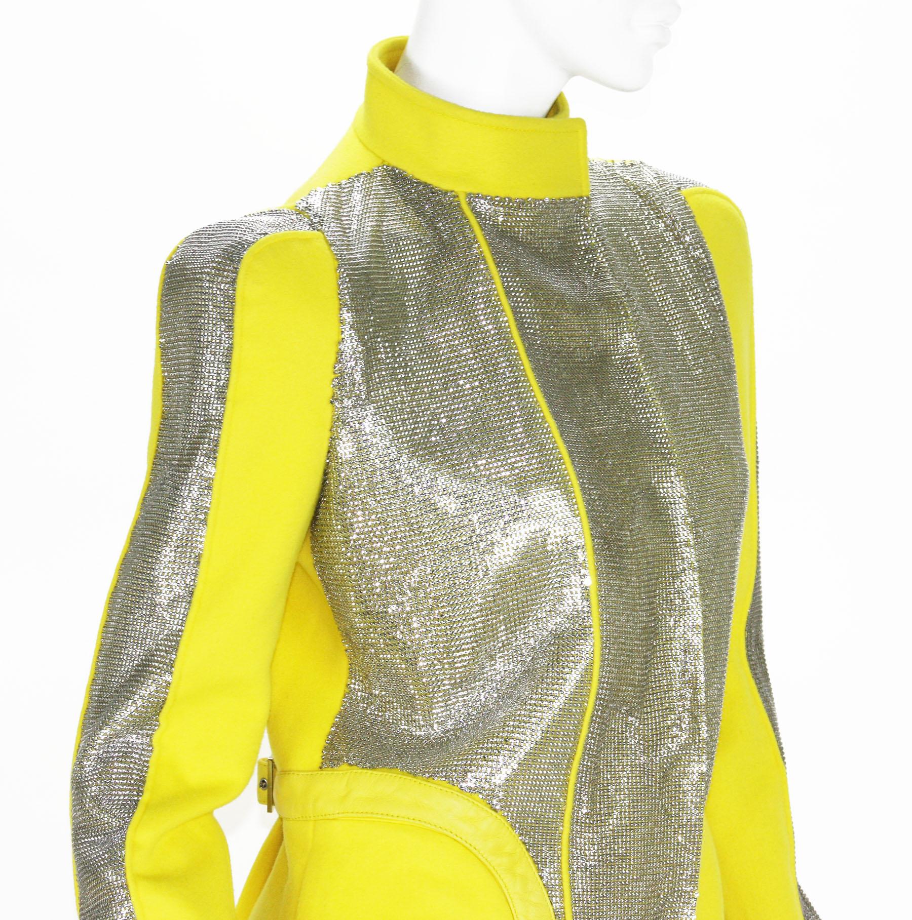 New Versace Chain Mesh Panel Yellow Wool Coat It. 38 - US 4 For Sale 2