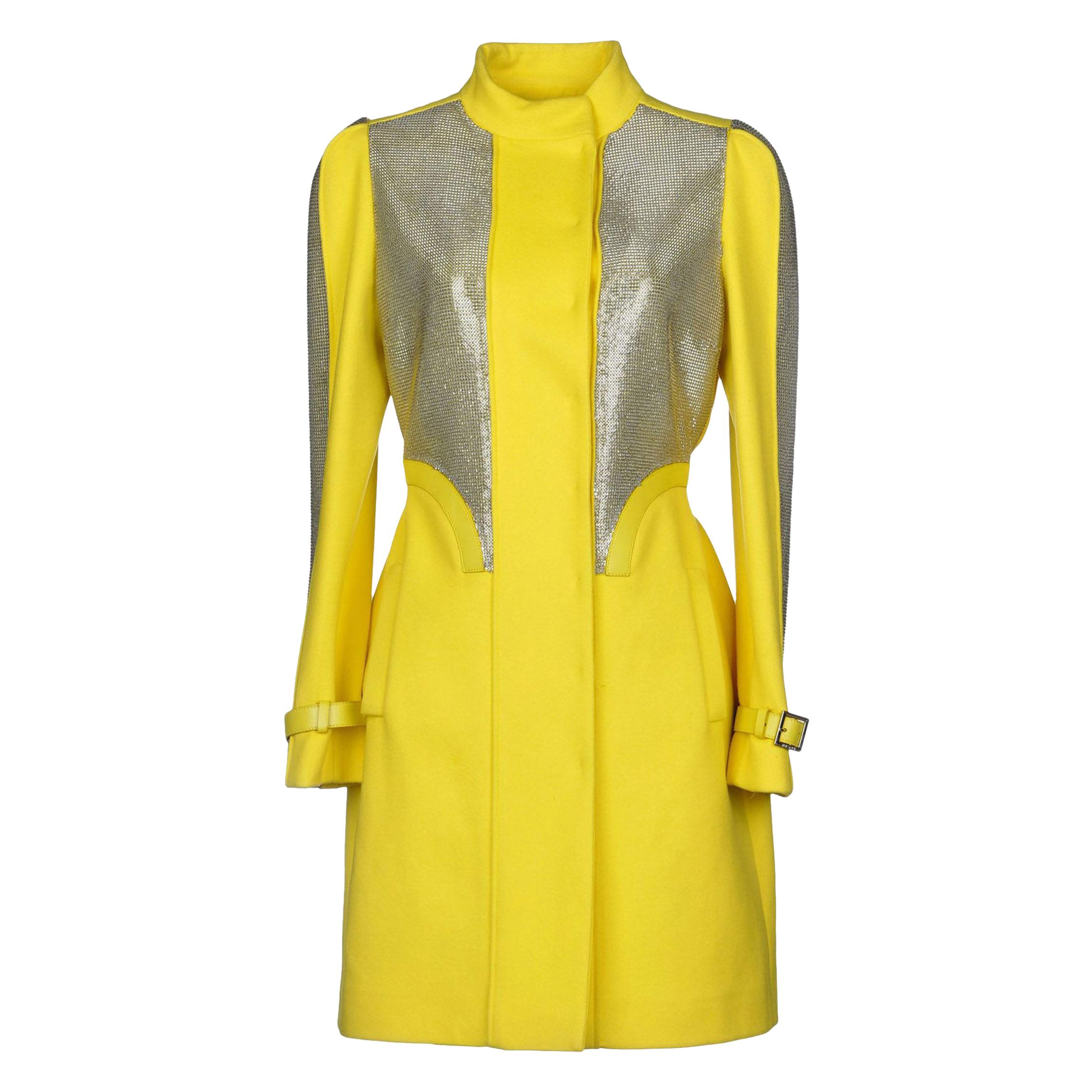 New Versace Chain Mesh Panel Yellow Wool Coat It. 38 - US 4 For Sale