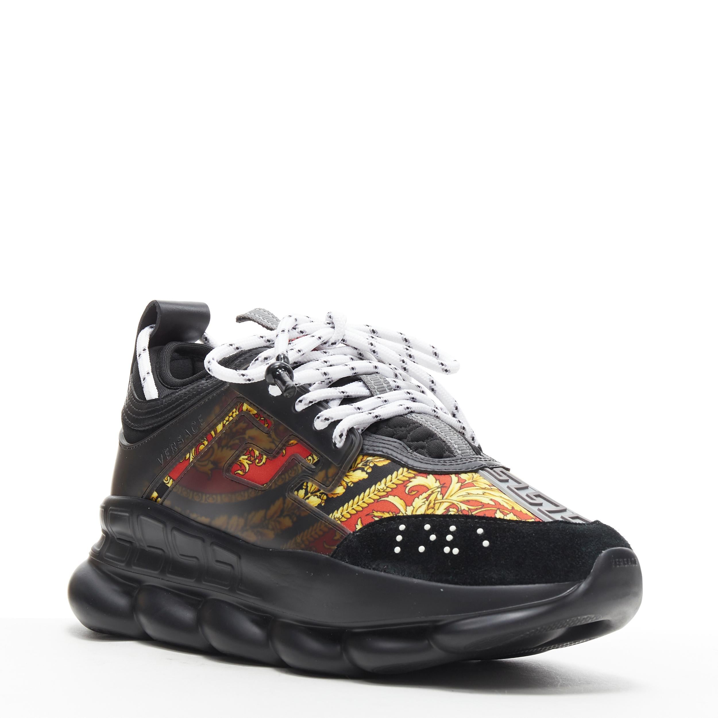 new VERSACE Chain Reaction black red barocco twill low chunky sneaker EU41 US8 Reference: TGAS/B00763 
Brand: Versace 
Designer: Salehe Bembury 
Model: Chain Reaction Black Barocco 
Material: Leather 
Color: Black 
Pattern: Floral 
Closure: Lace up