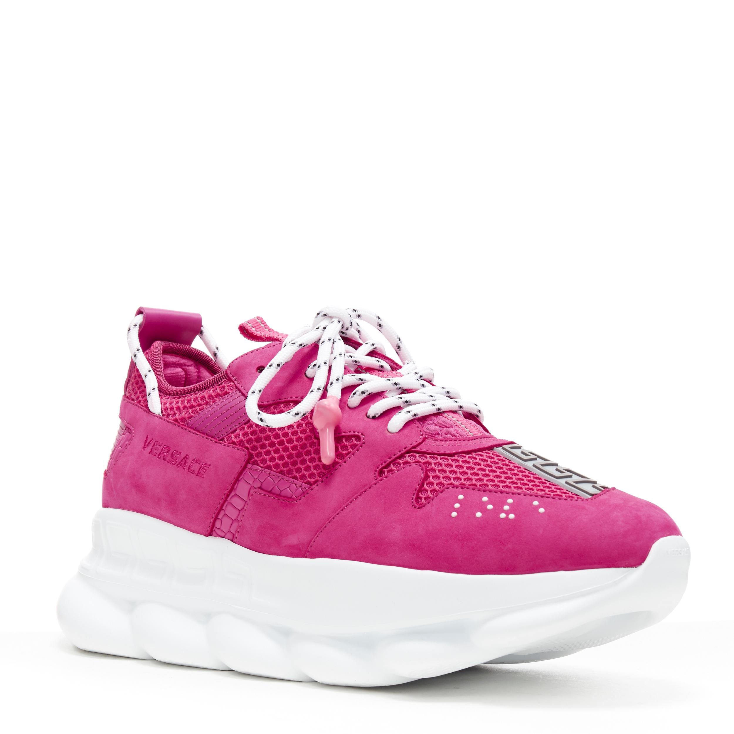 new VERSACE Chain Reaction Blowzy pink suede low top chunky sneaker US10 EU43 
Reference: TGAS/C00966 
Brand: Versace 
Designer: Salehe Bembery 
Model: Chain Reaction 
Material: Leather 
Color: Pink 
Pattern: Solid 
Closure: Lace 
Extra Detail: