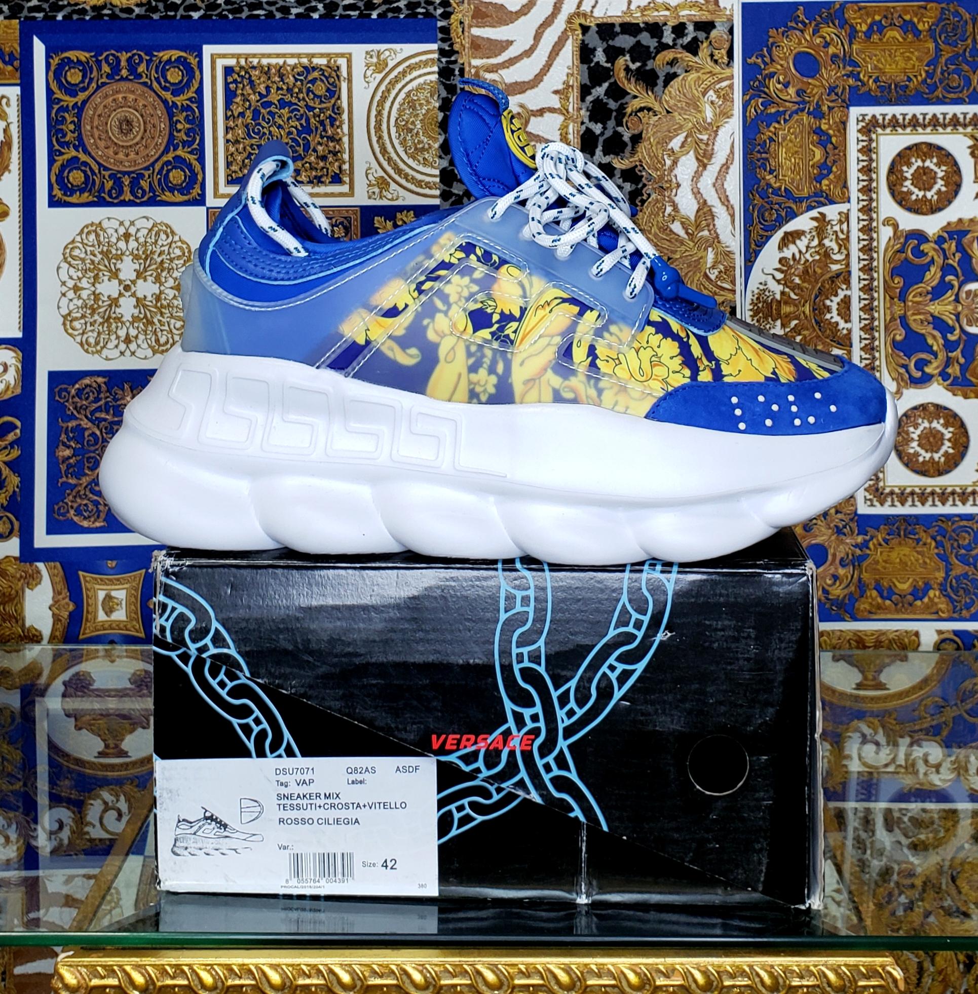 NEW VERSACE CHAIN REACTION BLUE LEATHER and TEXTILE BAROQUE SNEAKERS 42 - 9 3