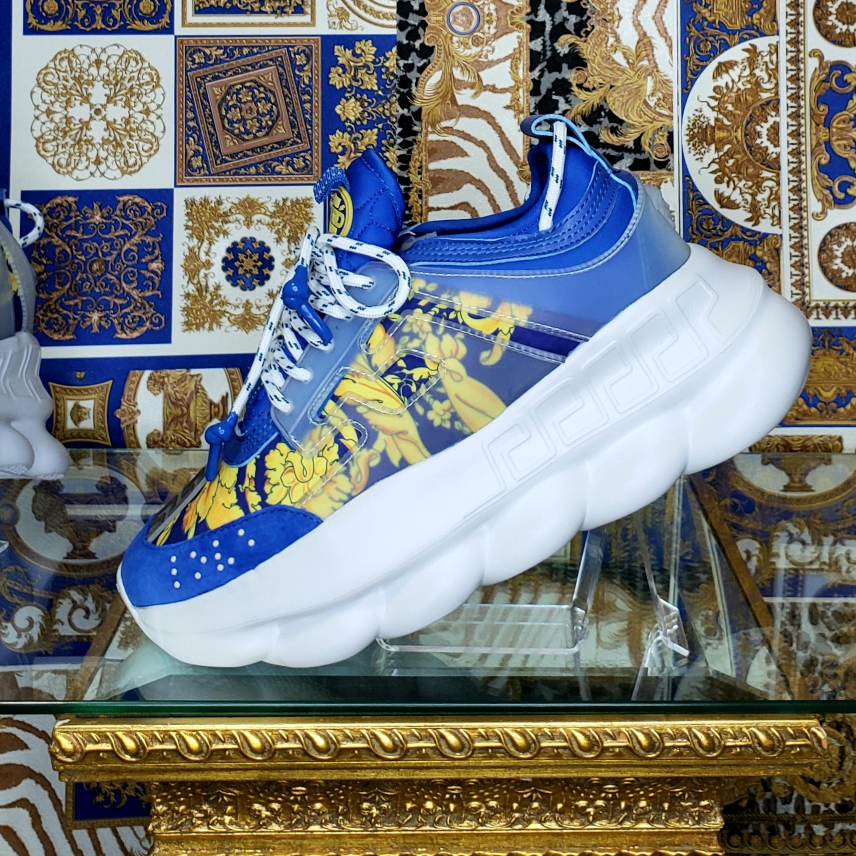 NEW VERSACE CHAIN REACTION BLUE LEATHER and TEXTILE BAROQUE SNEAKERS 42 - 9 4