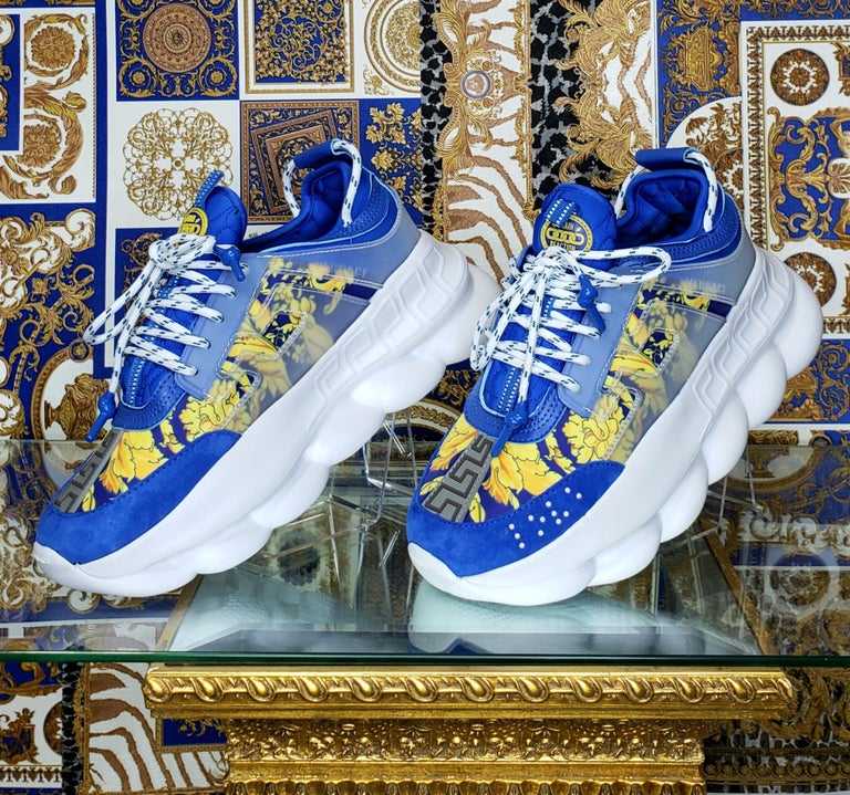 NEW VERSACE CHAIN REACTION BLUE LEATHER and TEXTILE BAROQUE SNEAKERS 42 ...