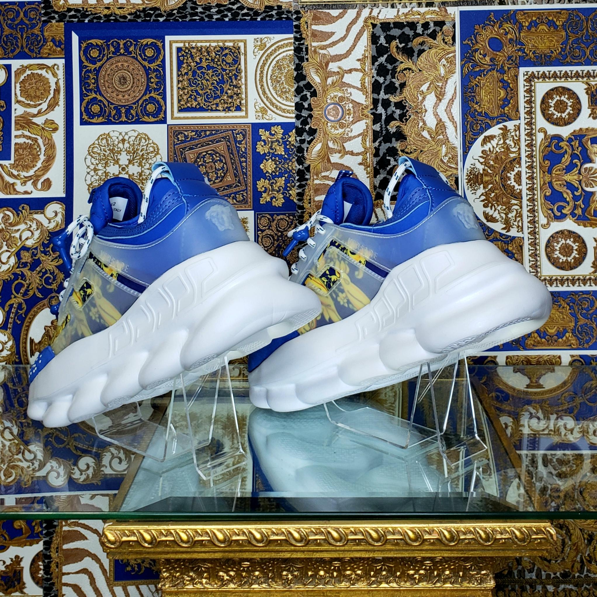 NEW VERSACE CHAIN REACTION BLUE LEATHER and TEXTILE BAROQUE SNEAKERS 42 - 9 1