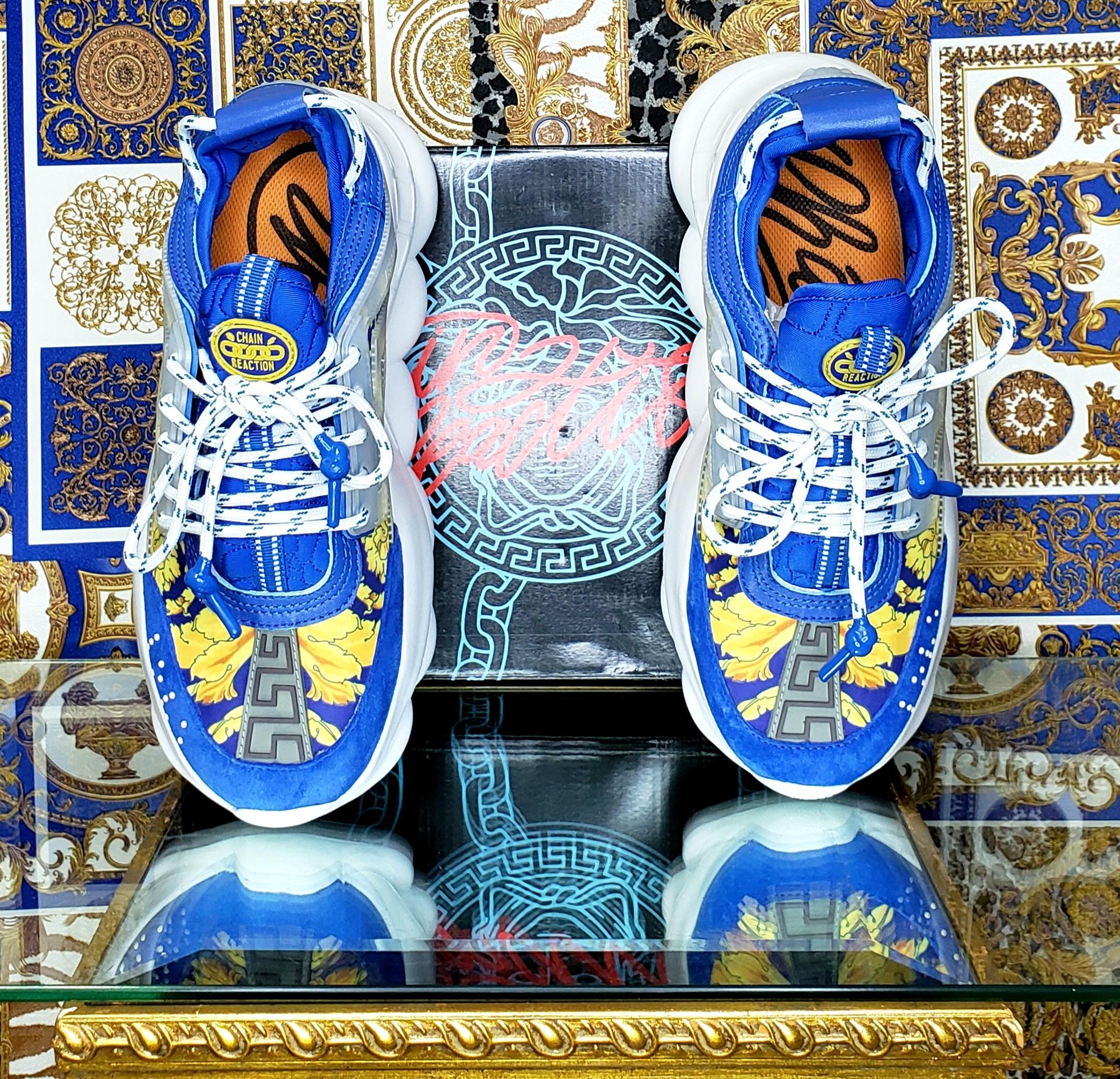 NEW VERSACE CHAIN REACTION BLUE LEATHER and TEXTILE BAROQUE SNEAKERS 42 - 9 2