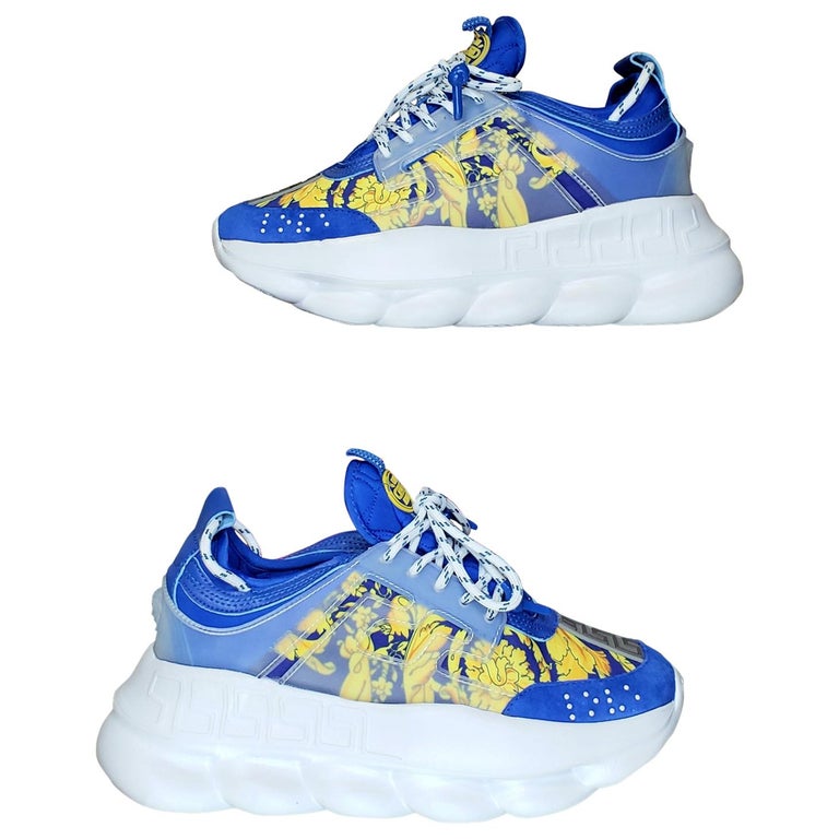 NEW VERSACE CHAIN REACTION BLUE LEATHER and TEXTILE BAROQUE SNEAKERS 42 - 9  at 1stDibs | 874 929 126 522, sneaker mix tessuti crosta vitello rosso  ciliegia, blue versace chain reaction