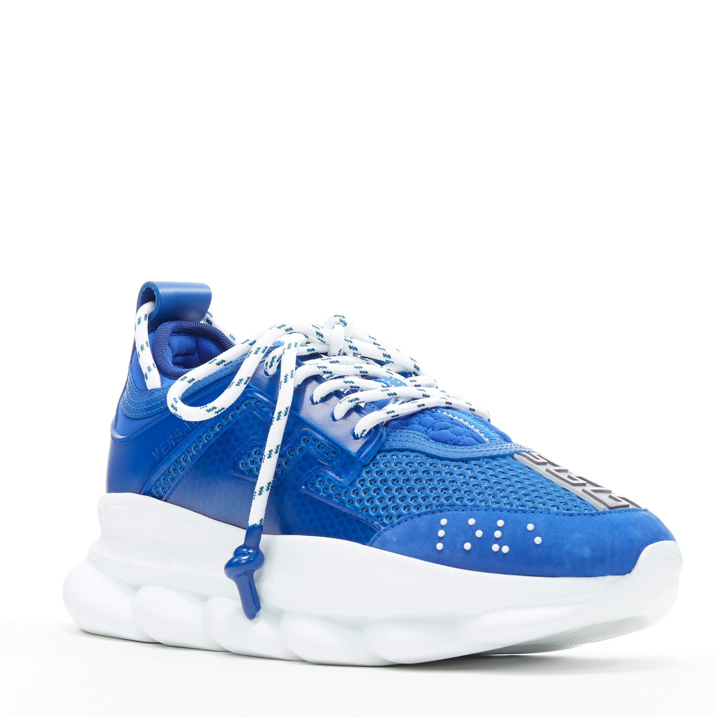 new VERSACE Chain Reaction Bluette 2 white mesh suede chunky sneaker EU38 US5 
Reference: TGAS/A06309 
Brand: Versace 
Designer: Salehe Bembury 
Model: Chain Reaction Bluette 2 
Material: Leather 
Color: Blue 
Pattern: Solid 
Closure: Lace up 
Extra