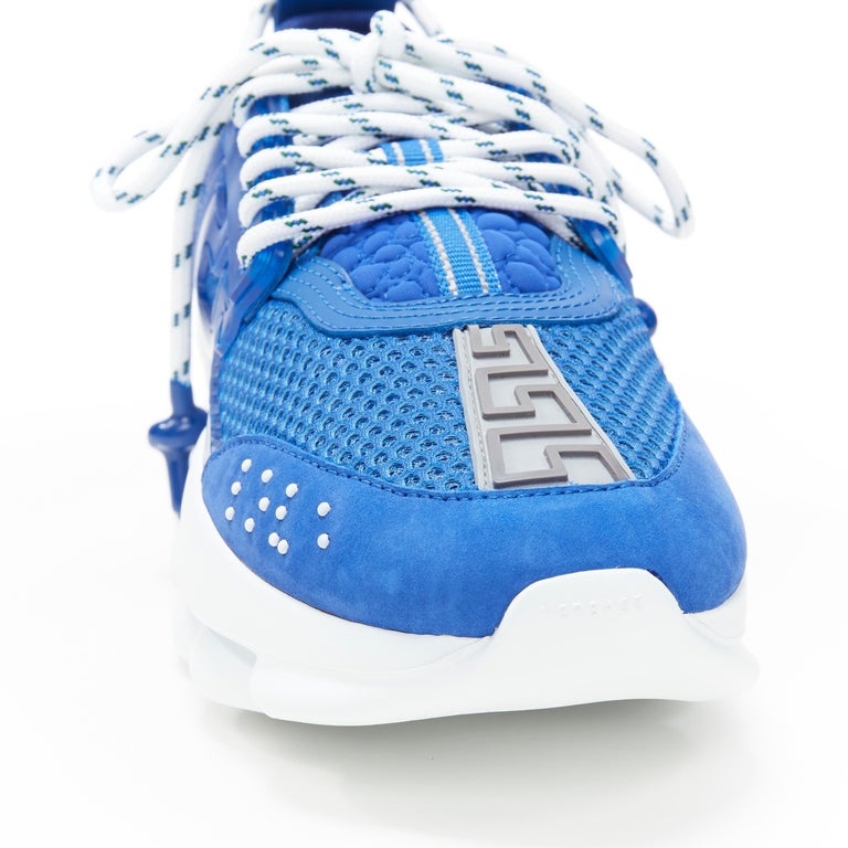 new VERSACE Chain Reaction Bluette 2 white mesh suede chunky sneaker EU38  US5 For Sale at 1stDibs | blue and white versace sneakers