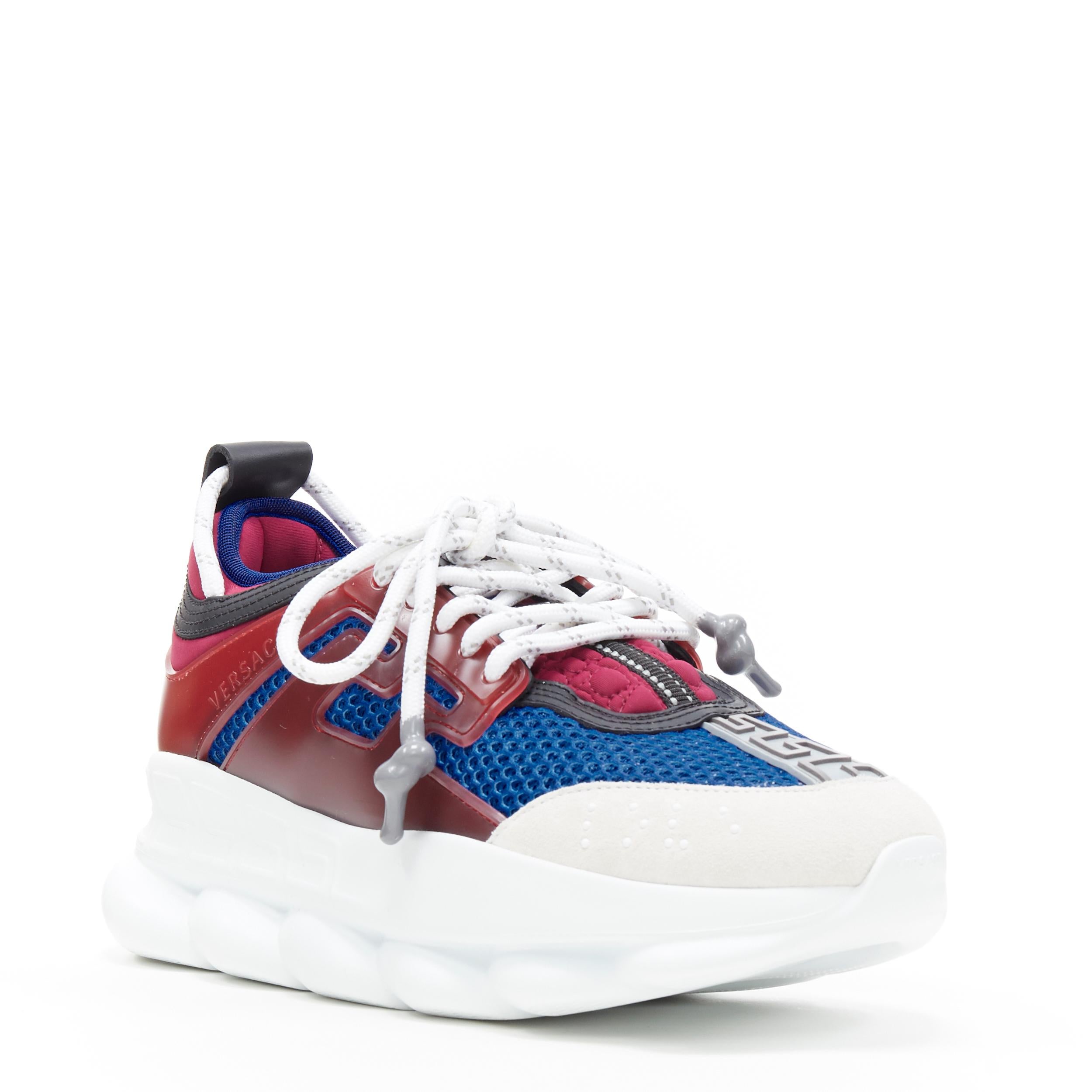 new VERSACE Chain Reaction burgundy grey suede blue mesh chunky dad sneaker EU37
Brand: Versace
Designer: Donatella Versace
Collection: 2019
Model Name / Style: Chain Reaction
Material: Fabric
Color: Multicolour
Pattern: Solid
Closure: Lace up
Extra