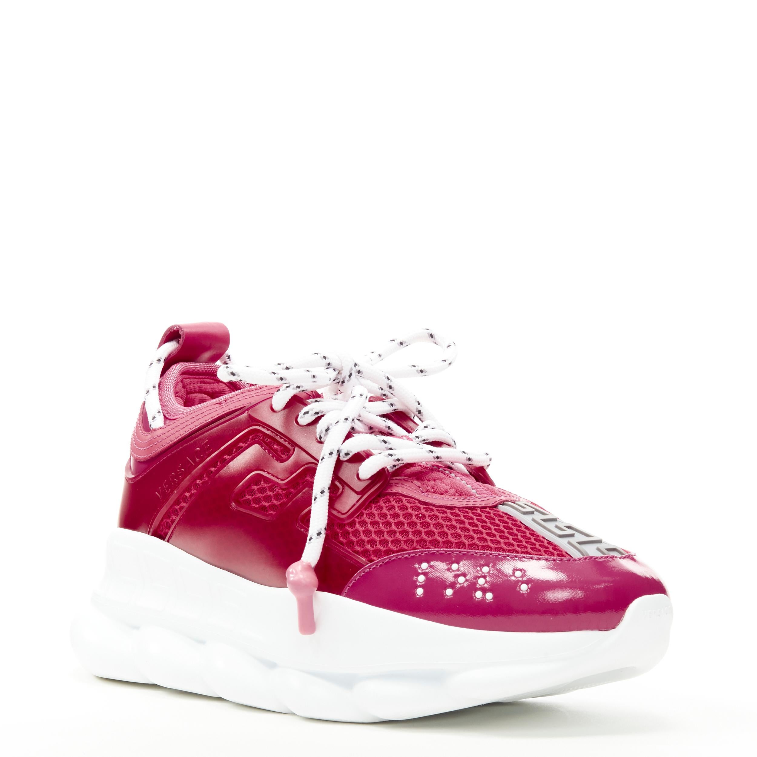 new VERSACE Chain Reaction fuschia pink white chunky sneaker EU38 US8 
Reference: TGAS/C00364 
Brand: Versace 
Designer: Donatella Versace 
Model: DSR705G D36TG K9R 
Collection: Chain Reaction 
Material: Fabric 
Color: Pink 
Pattern: Solid 
Closure: