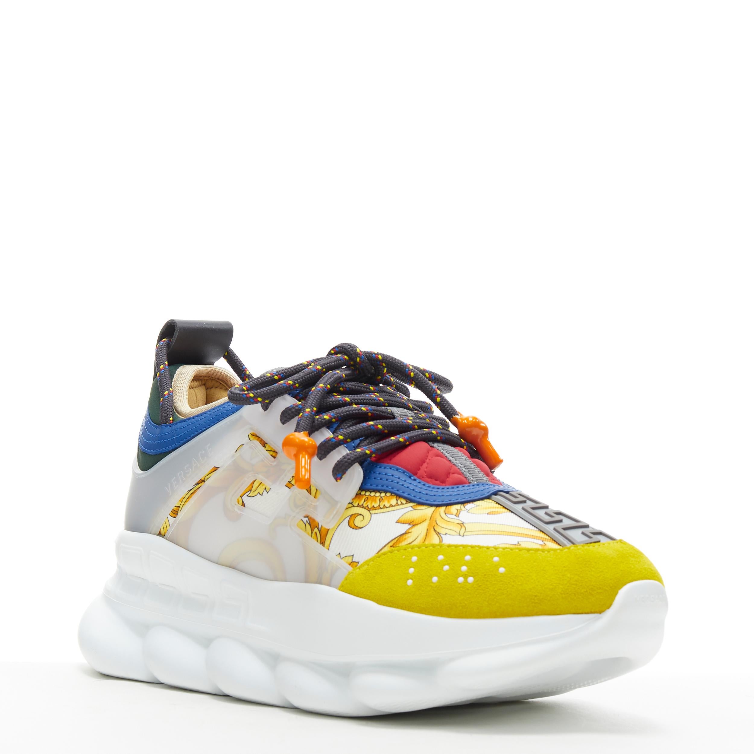 new VERSACE Chain Reaction gold barocco twill yellow blue suede sneaker EU39 US6 
Reference: TGAS/B00872 
Brand: Versace 
Designer: Salehe Bembury 
Model: Chain Reaction White Barocco 
Material: Leather 
Color: Gold 
Pattern: Solid 
Closure: Lace up