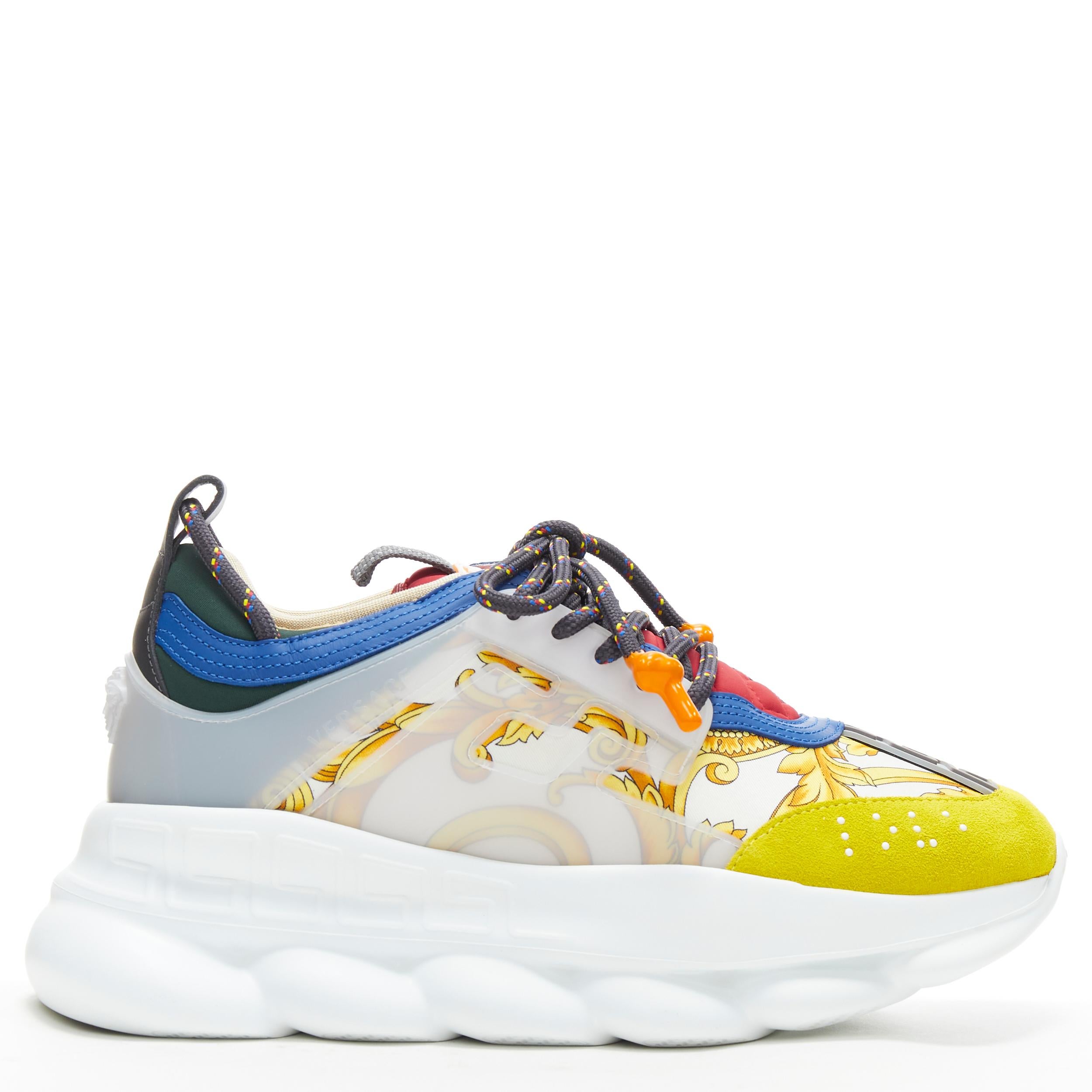 new VERSACE Chain Reaction gold barocco twill yellow blue suede sneaker EU40 US7 
Reference: TGAS/B00876 
Brand: Versace 
Designer: Salehe Bembury 
Model: Chain Reaction White Barocco 
Material: Leather 
Color: Gold 
Pattern: Solid 
Closure: Lace up