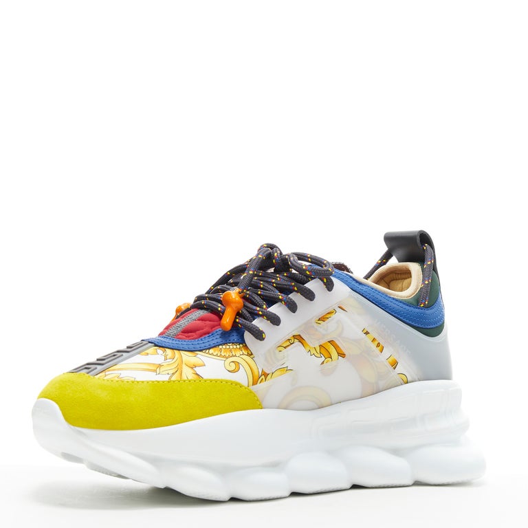 new VERSACE Chain Reaction gold barocco twill yellow blue suede sneaker  EU40 US7 at 1stDibs