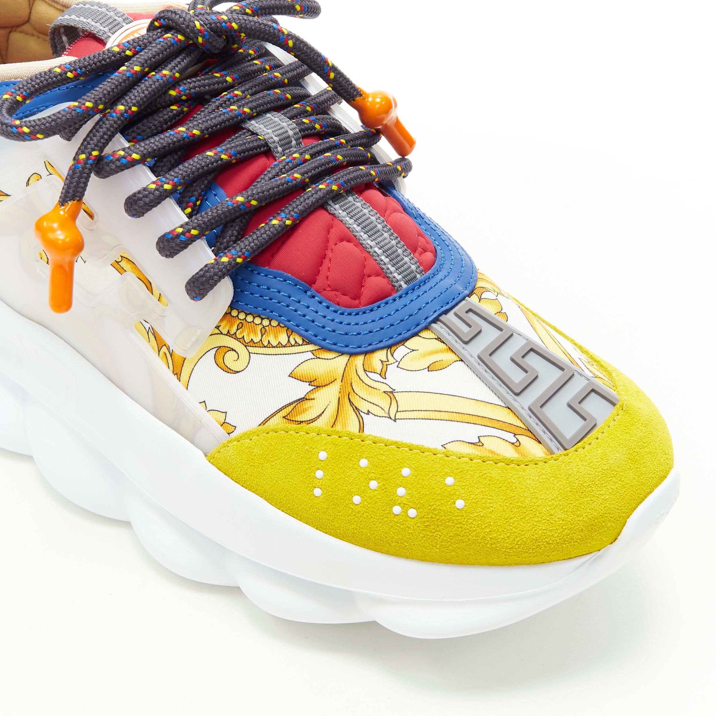 new VERSACE Chain Reaction gold barocco twill yellow blue suede sneaker  EU40 US7 For Sale at 1stDibs | versace chain reaction shoes