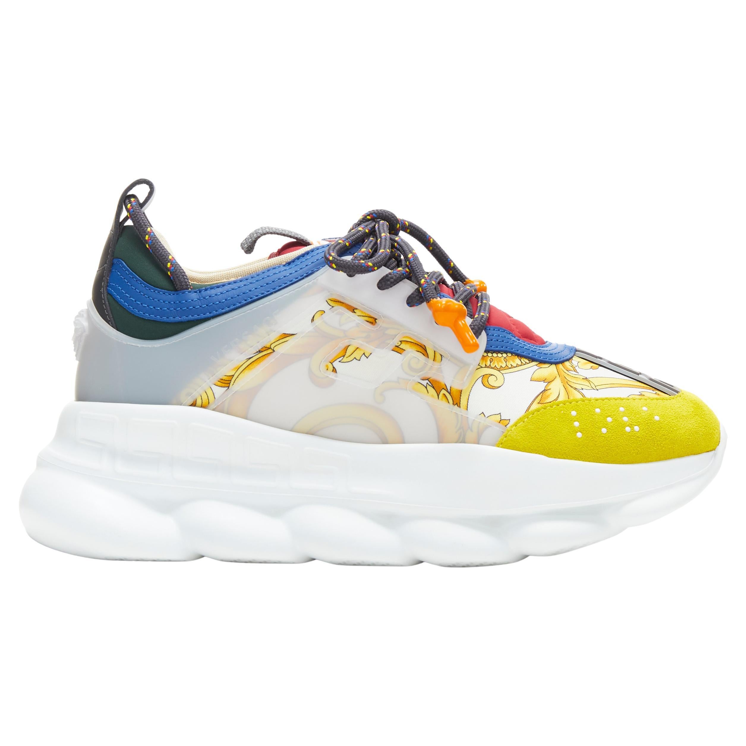 new VERSACE Chain Reaction gold barocco twill yellow blue suede sneaker  EU40 US7 For Sale at 1stDibs | versace chain reaction twill