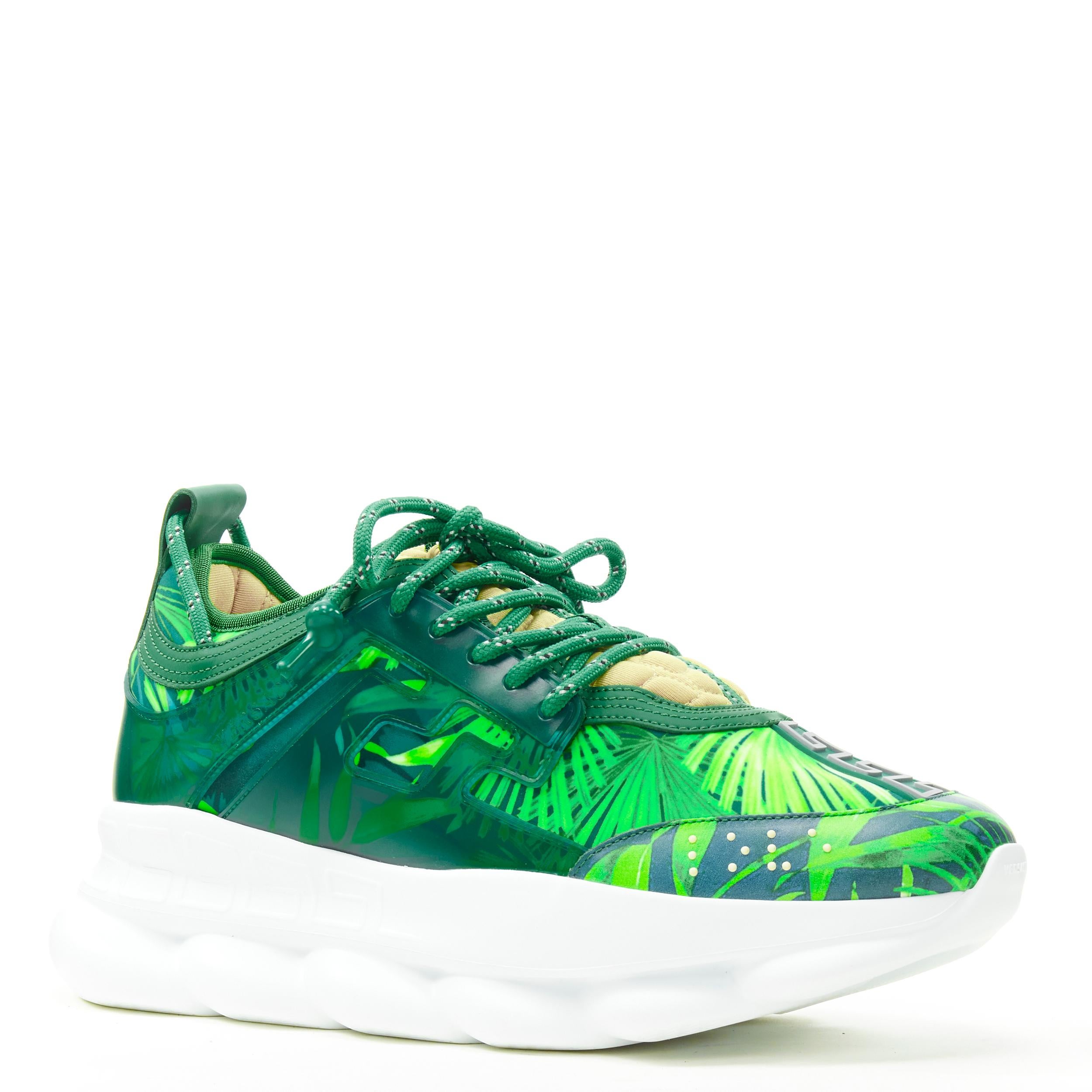 new VERSACE Chain Reaction Jungle Print green chunky sneaker EU38 US8 Limited 
Reference: TGAS/C00108 
Brand: Versace 
Designer: Donatella Versace 
Model: Chain Reaction 
Collection: Spring Summer 2020 Runway 
Material: Leather 
Color: Green