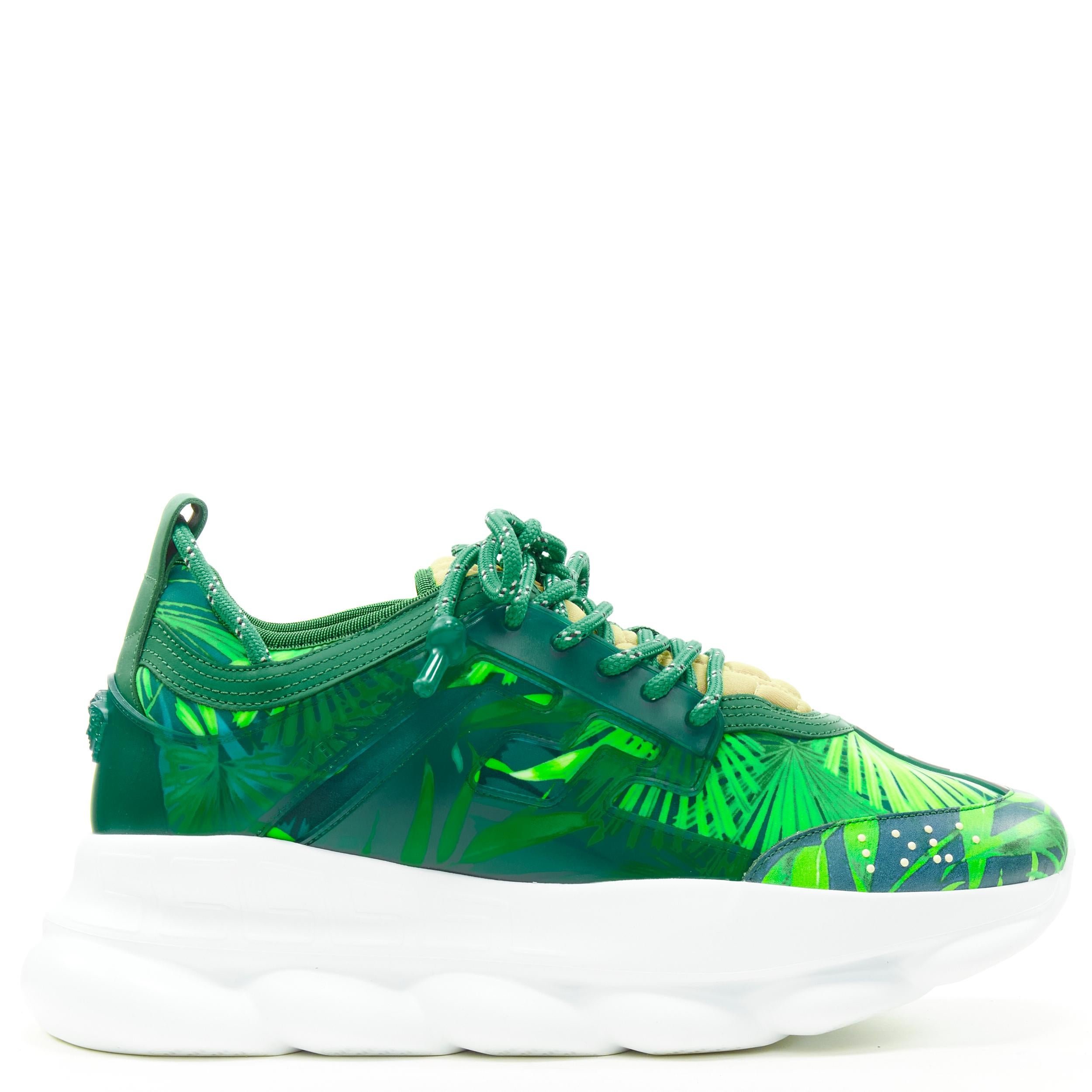 new VERSACE Chain Reaction Jungle Print green chunky sole sneaker EU43.5 rare 
Reference: TGAS/C00106 
Brand: Versace 
Designer: Donatella Versace 
Model: Chain Reaction 
Collection: Spring Summer 2020 Runway 
Material: Leather 
Color: Green