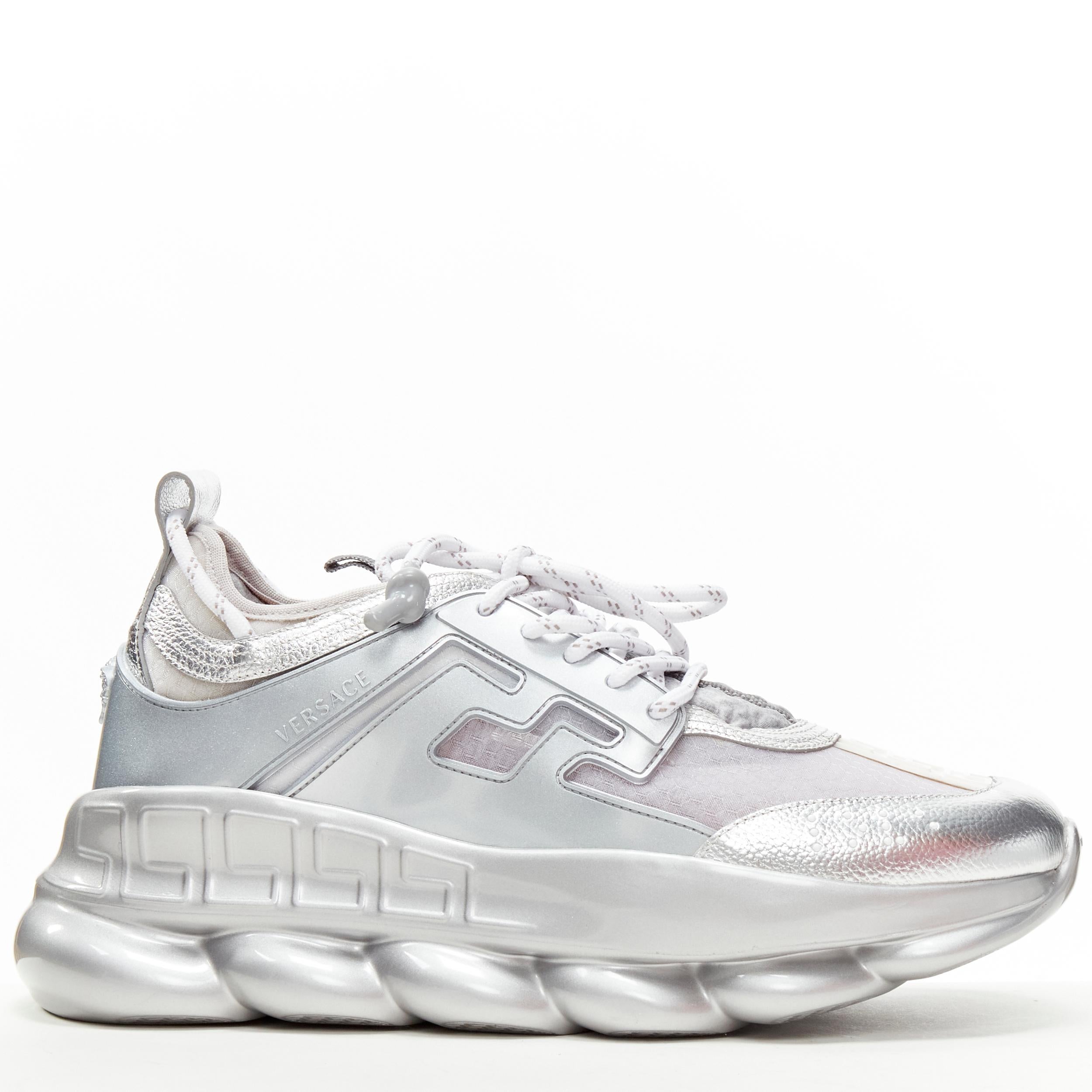 new VERSACE Chain Reaction metallic silver sheer low top chunky sneaker EU45 
Reference: TGAS/C00776 
Brand: Versace 
Designer: Donatella Versace 
Model: DSU7071E D10TCG D9201 
Collection: Chain Reaction 
Material: Mesh 
Color: Silver 
Pattern:
