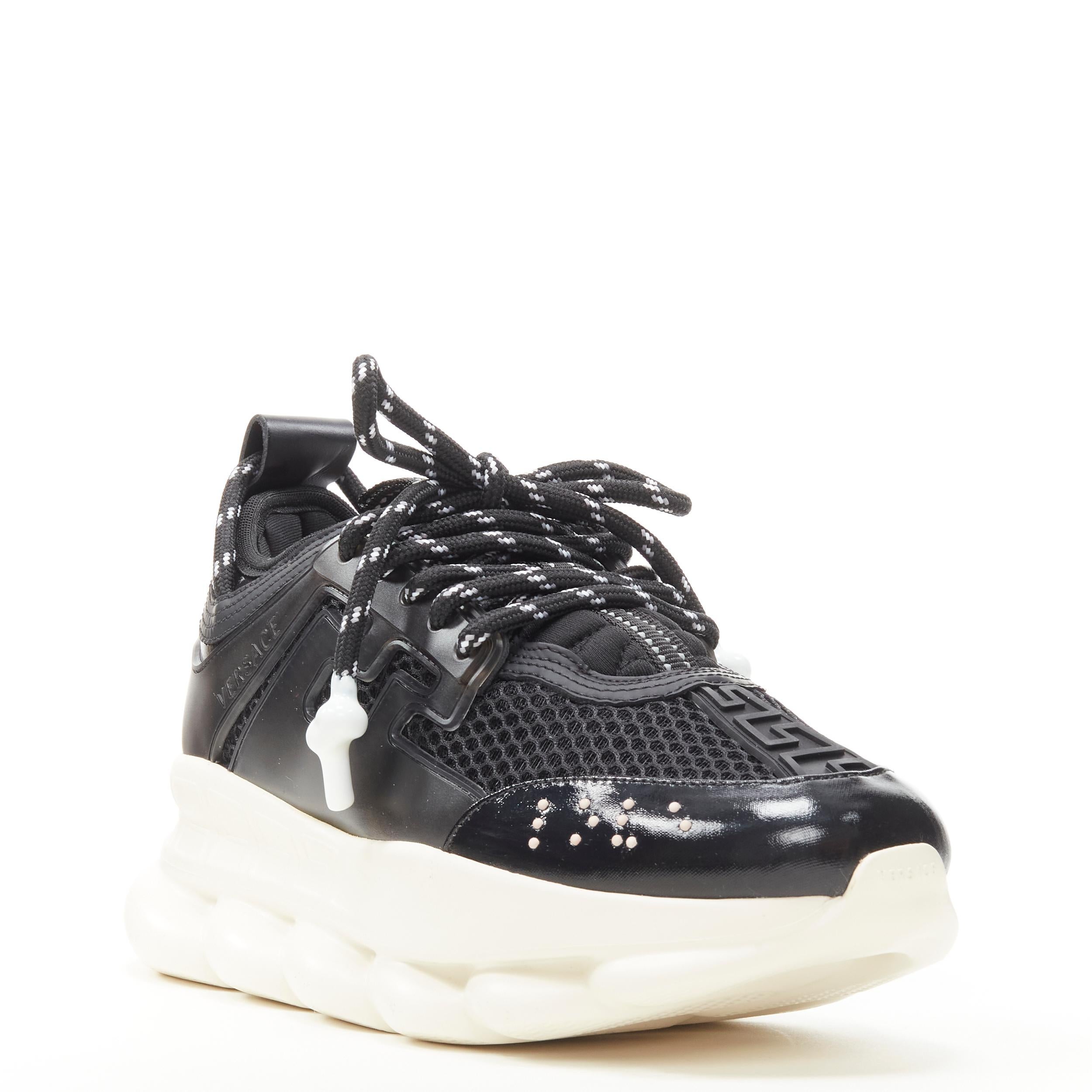 new VERSACE Chain Reaction nero black mesh chunky sneaker EU36 US6 
Reference: TGAS/C00111 
Brand: Versace 
Designer: Donatella Versace 
Model: Chain Reaction 
Material: Fabric 
Color: Black 
Pattern: Solid 
Closure: Lace 
Extra Detail: Signature