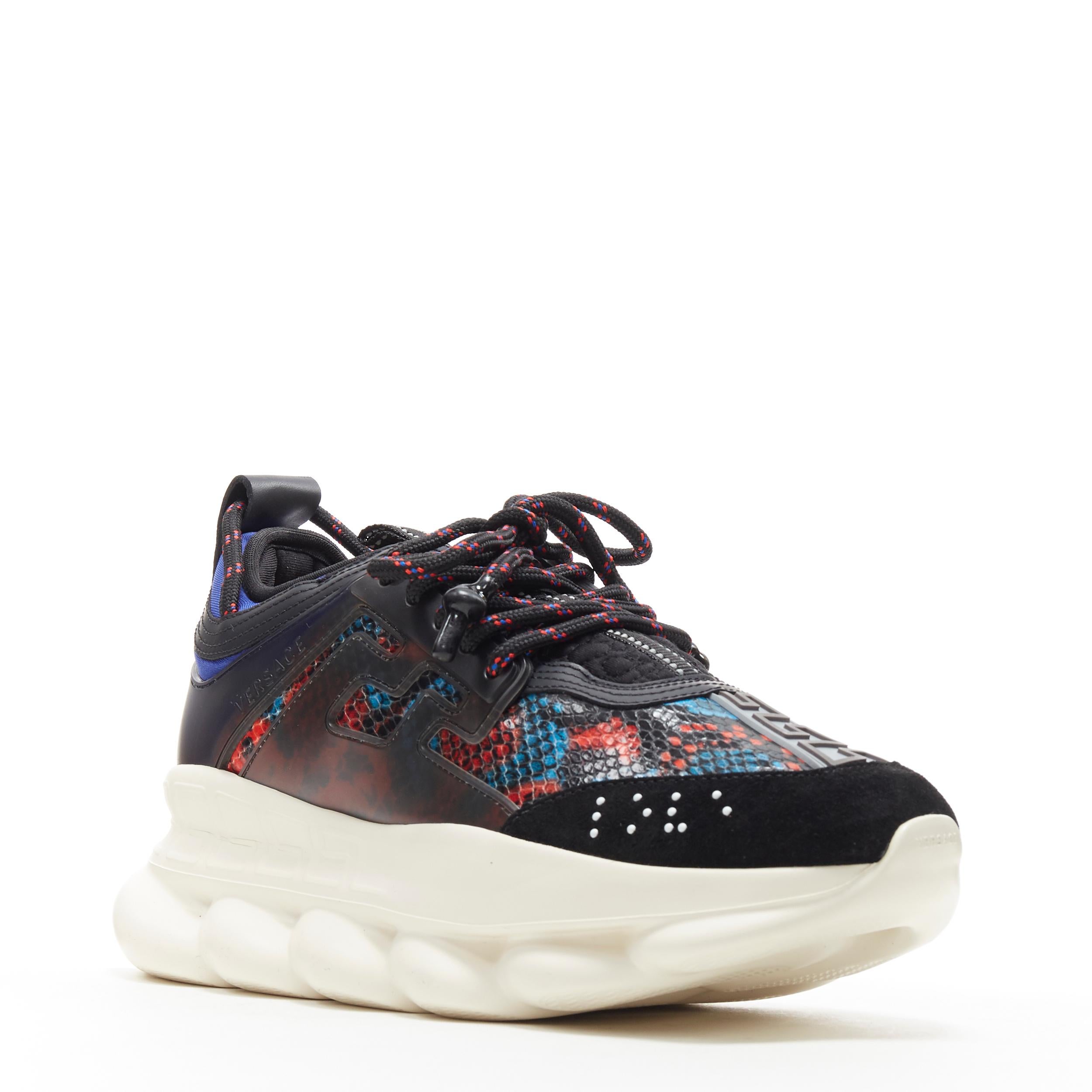 new VERSACE Chain Reaction Red Blue snake print low chunky dad sneaker EU37 US7 
Reference: TGAS/A06336 
Brand: Versace 
Designer: Salehe Bembury 
Model: Chain Reaction Blue Python 
Material: Leather 
Color: Blue 
Pattern: Snakeskin 
Closure: Lace
