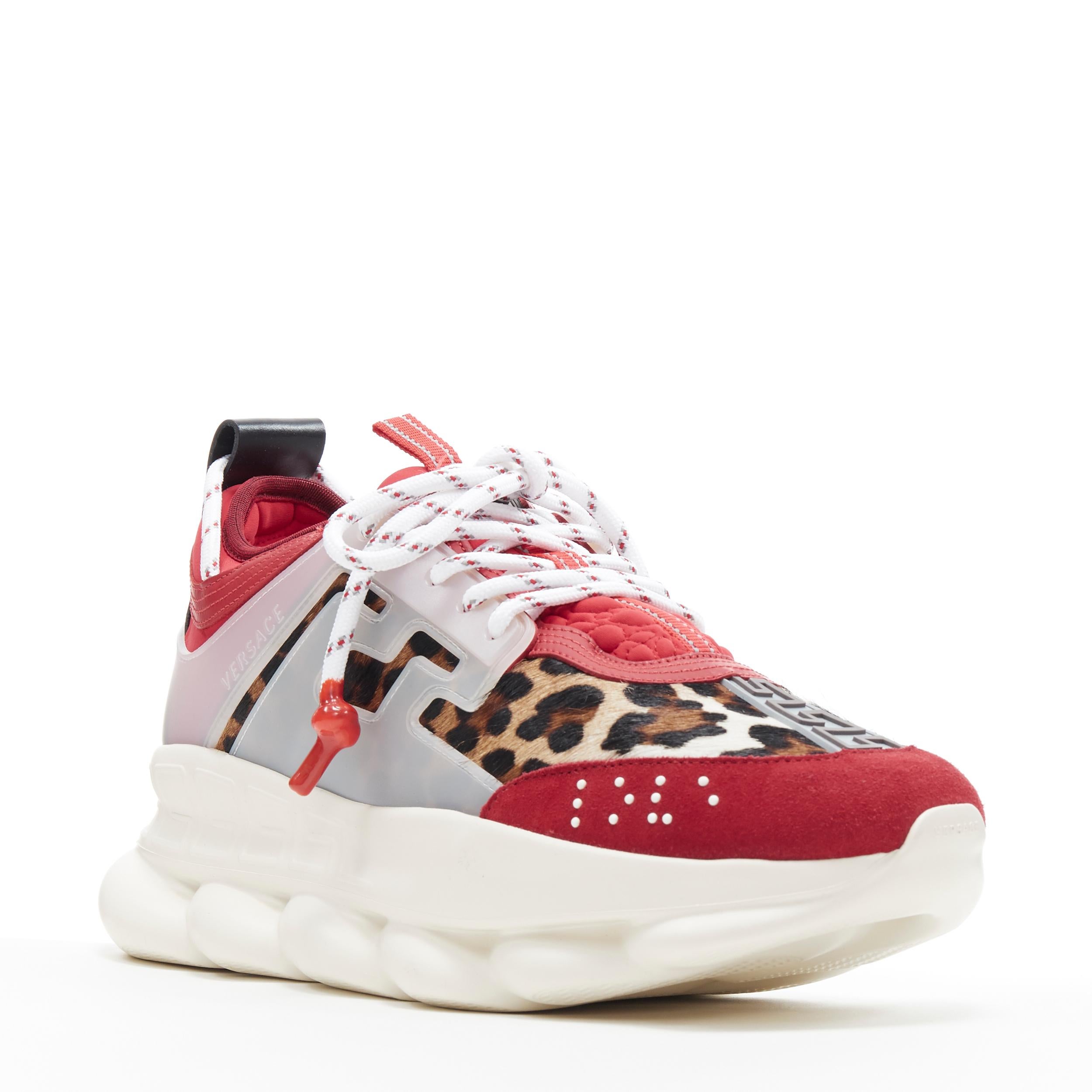 new VERSACE Chain Reaction Red Wild Leopard low chunky sneaker EU38 US5 
Reference: TGAS/B00288 
Brand: Versace 
Designer: Salehe Bembury 
Model: Chain Reaction Red Leopard 
Material: Leather 
Color: Red 
Pattern: Leopard 
Closure: Lace up 
Extra