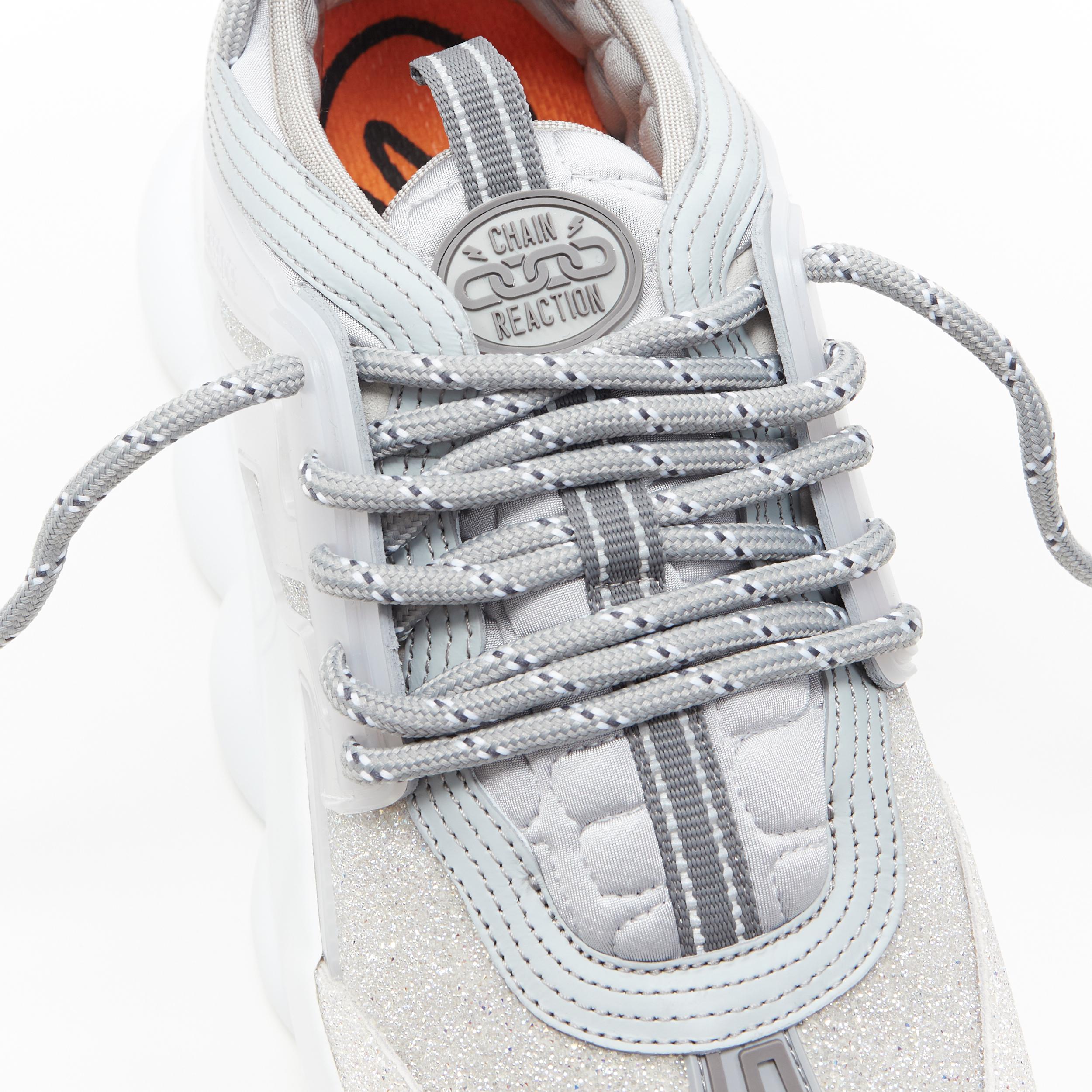 new VERSACE Chain Reaction Reflective Silver Crystal Rhinestone sneaker EU38 US5 For Sale 6