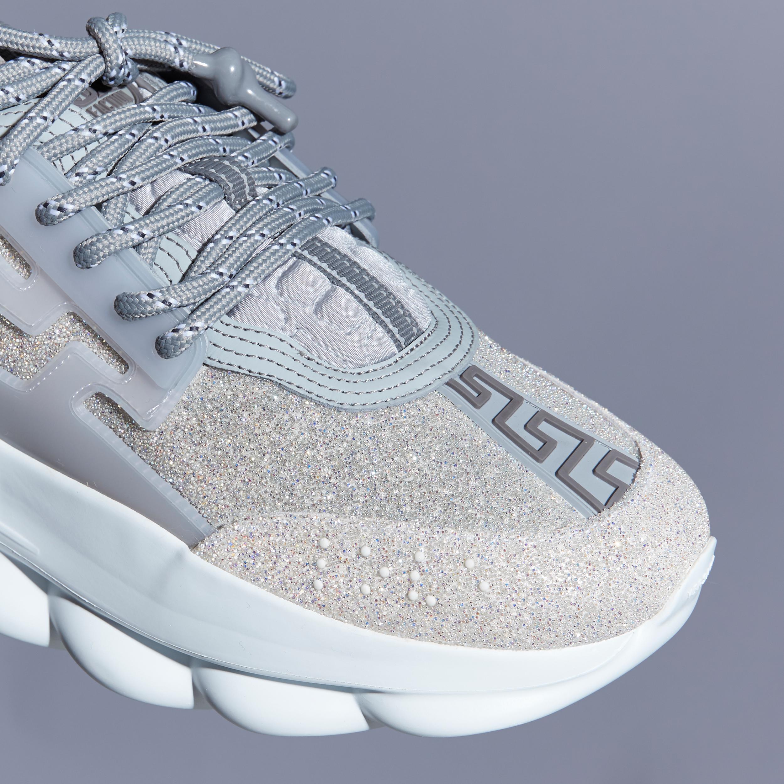 new VERSACE Chain Reaction Reflective Silver Crystal Rhinestone sneaker EU38 US5 For Sale 3