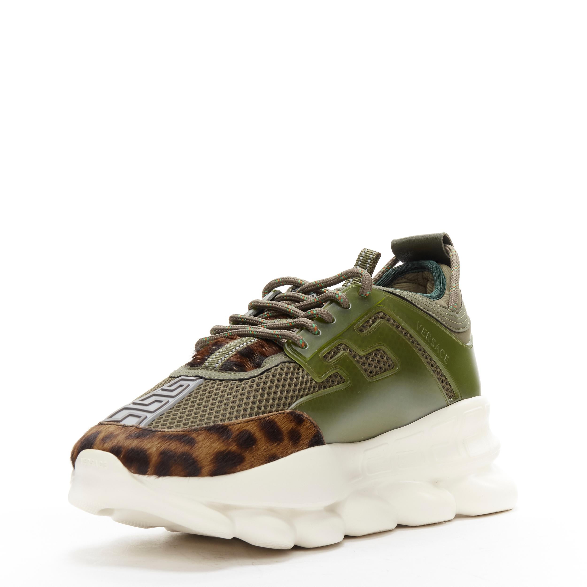 new VERSACE Chain Reaction Wild Leopard green suede low chunky sneaker EU43 In New Condition For Sale In Hong Kong, NT