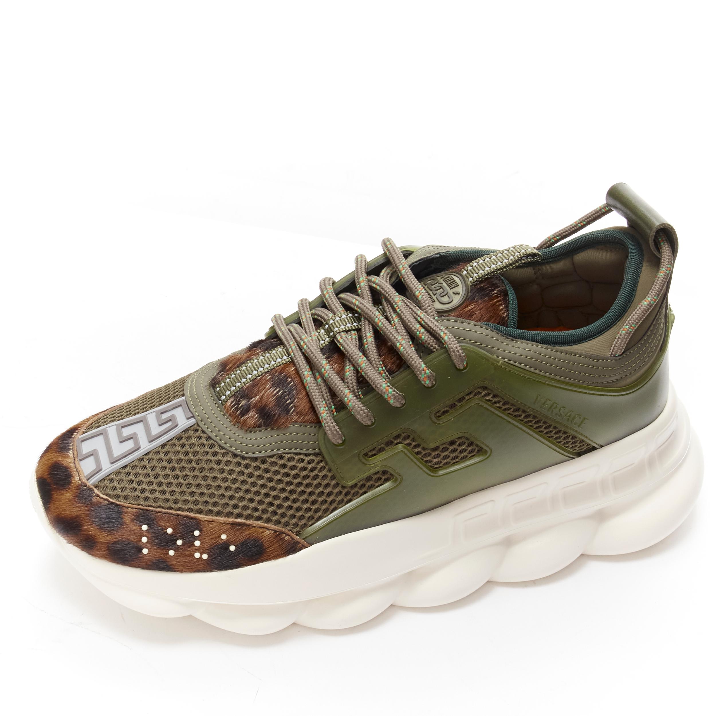 new VERSACE Chain Reaction Wild Leopard green suede low chunky sneaker EU43 For Sale 2