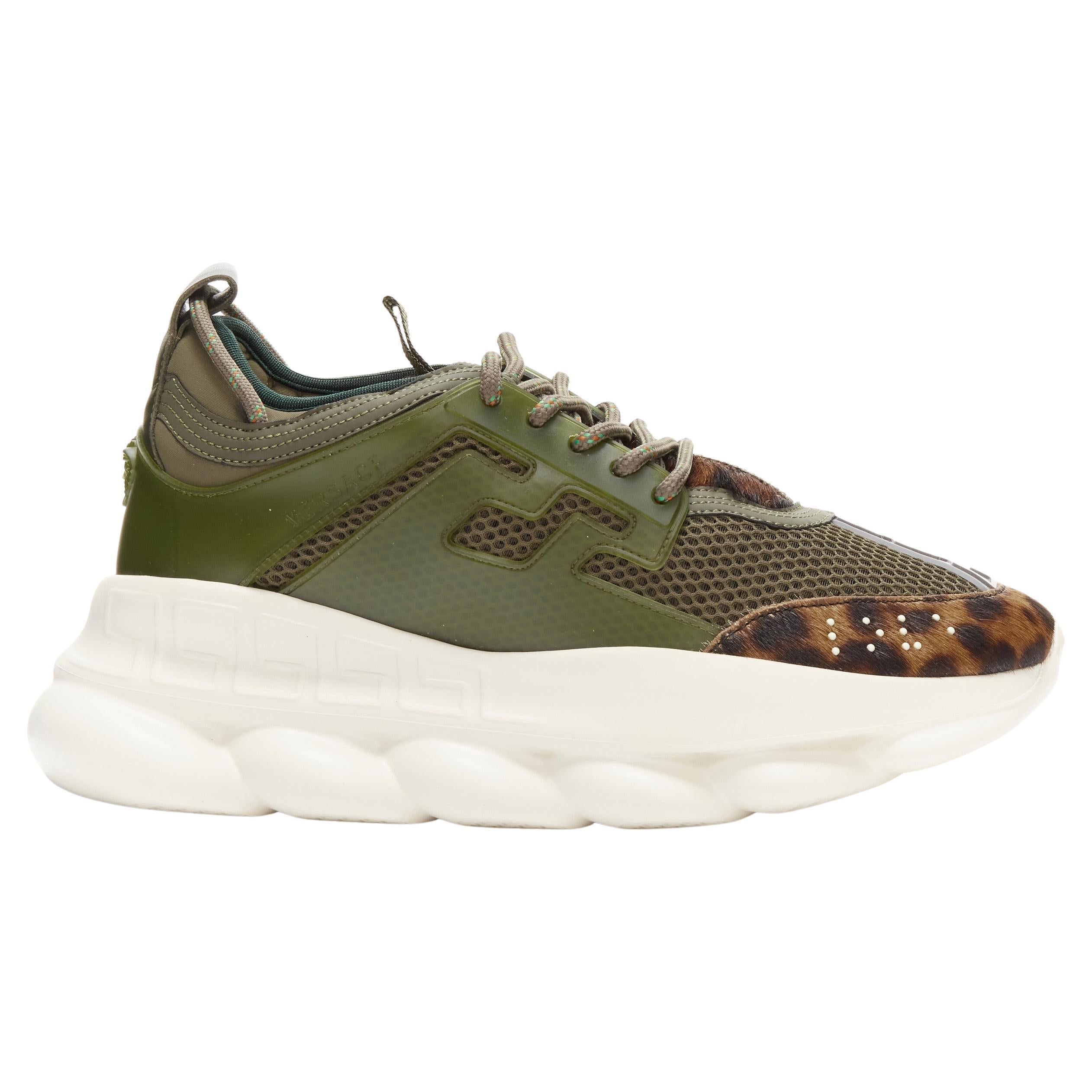 new VERSACE Chain Reaction Wild Leopard green suede low chunky sneaker EU43 For Sale