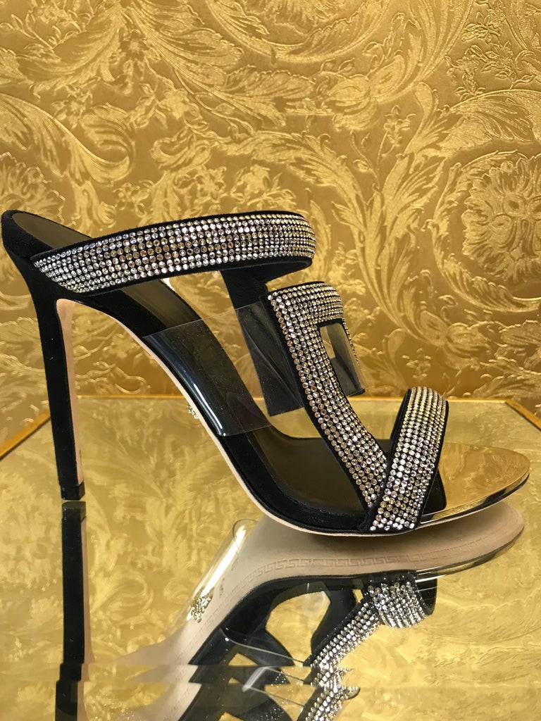 New VERSACE CLEAR VINYL PVC CRYSTAL EMBELLISHED BLACK SANDALS SHOES Size 38 - 8 at 1stdibs